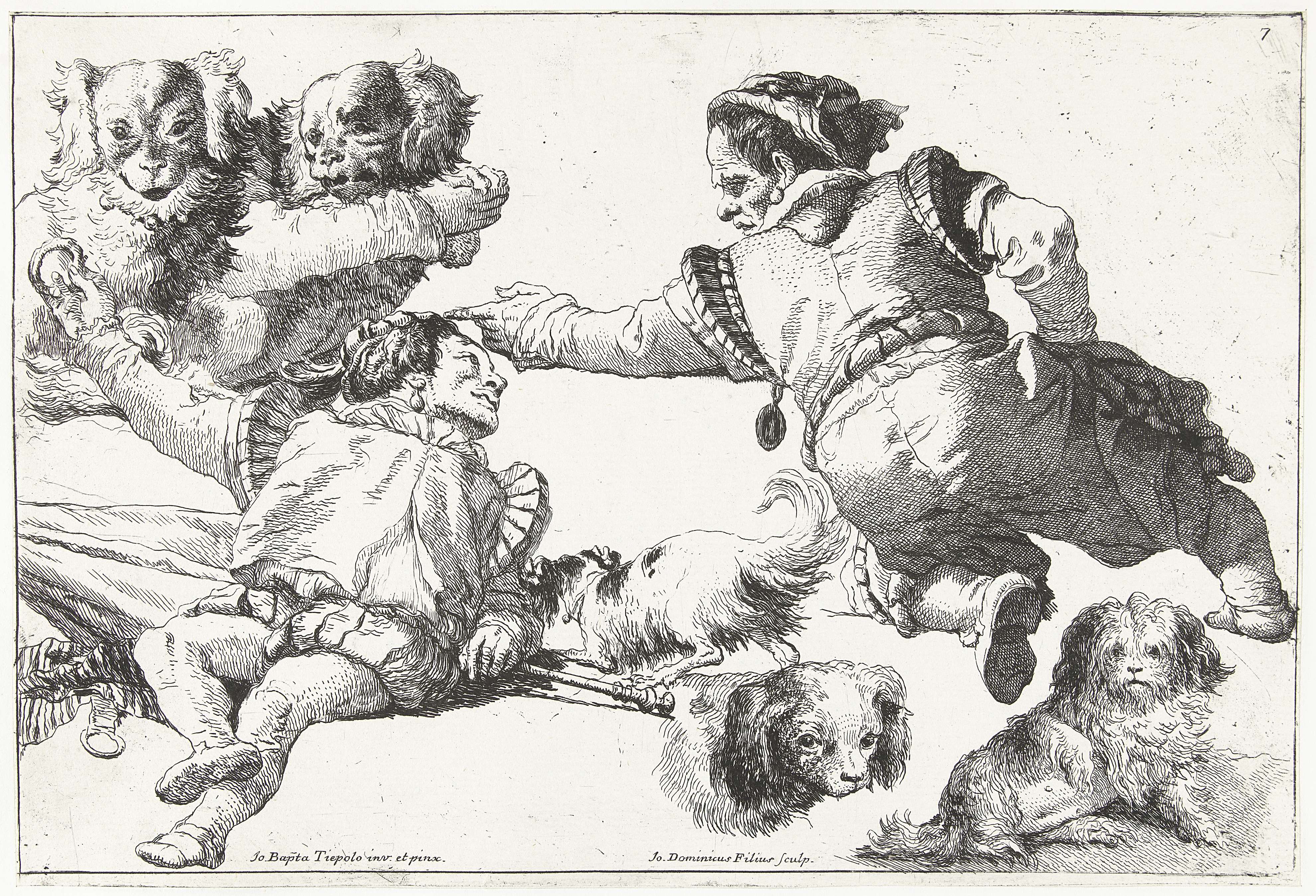 Studies van twee mensen en vijf honden, by Giovanni Domenico Tiepolo, public domain