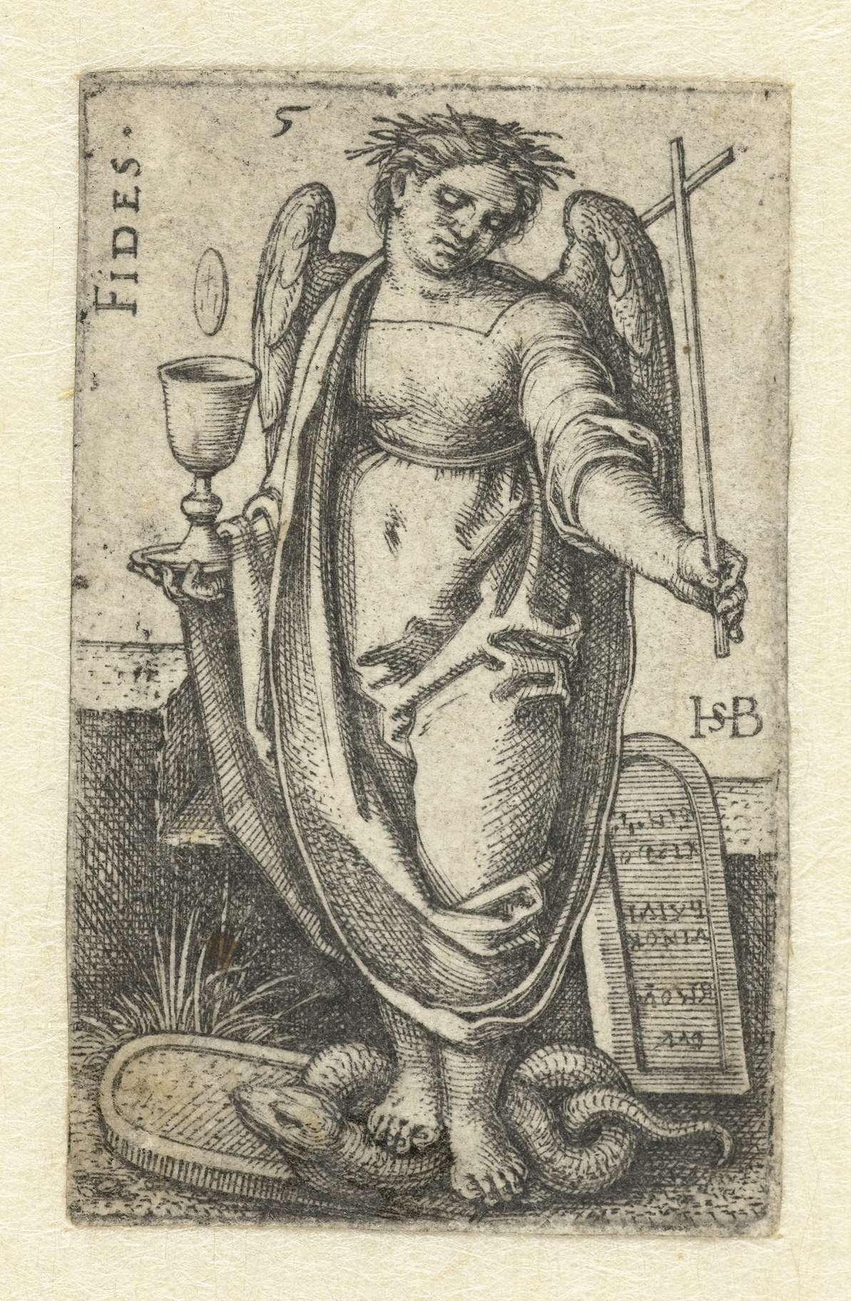 Engraving by Hans Sebald Beham depicting a woman holding a book, symbolizing faith.