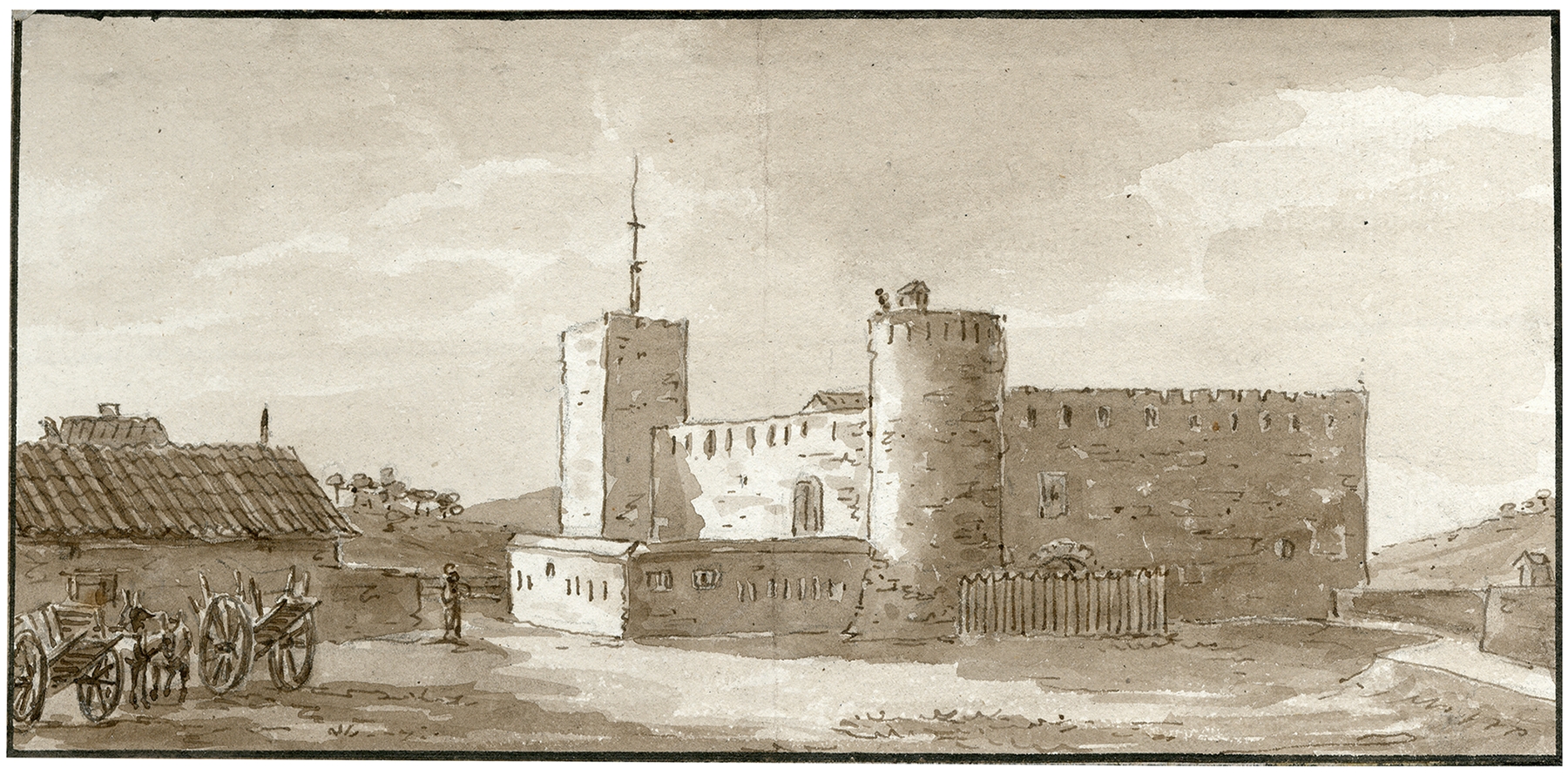 Landscape oil painting by Otto Howen featuring a castle illuminated by golden light and deep shadows.