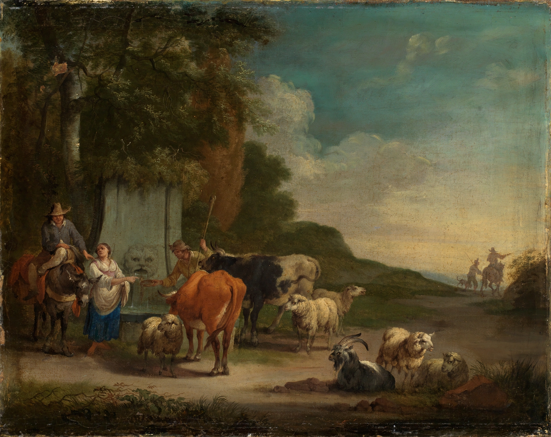 Landschaft mit Hirten und Herde am Brunnen by Pieter Bout, oil painting of a serene landscape with a shepherd and a well.