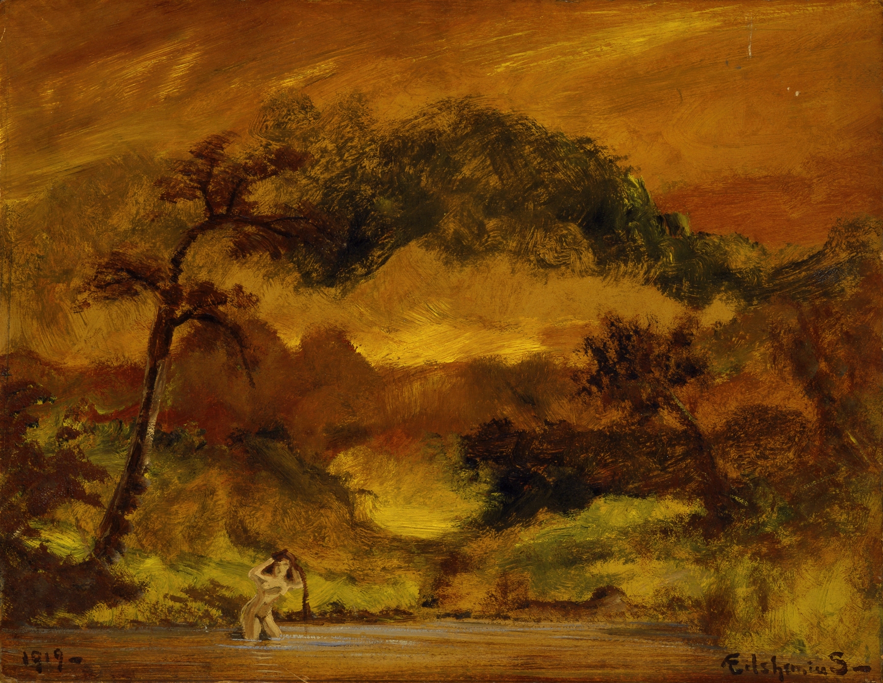 Overhanging Branches by Louis Michel Eilshemius, oil on canvas showing branches and shadows.