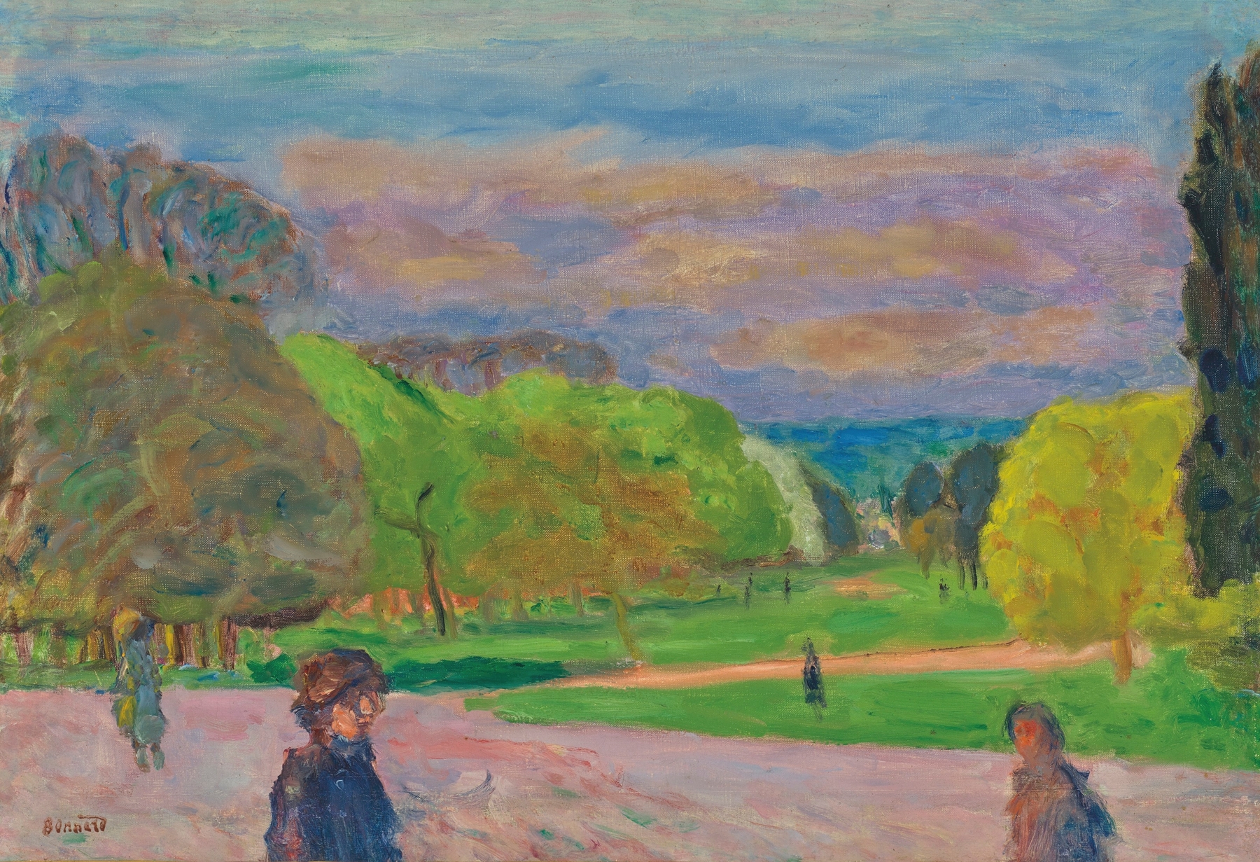 Le jardin public by Pierre Bonnard, oil painting depicting figures resting on a bench in a park.