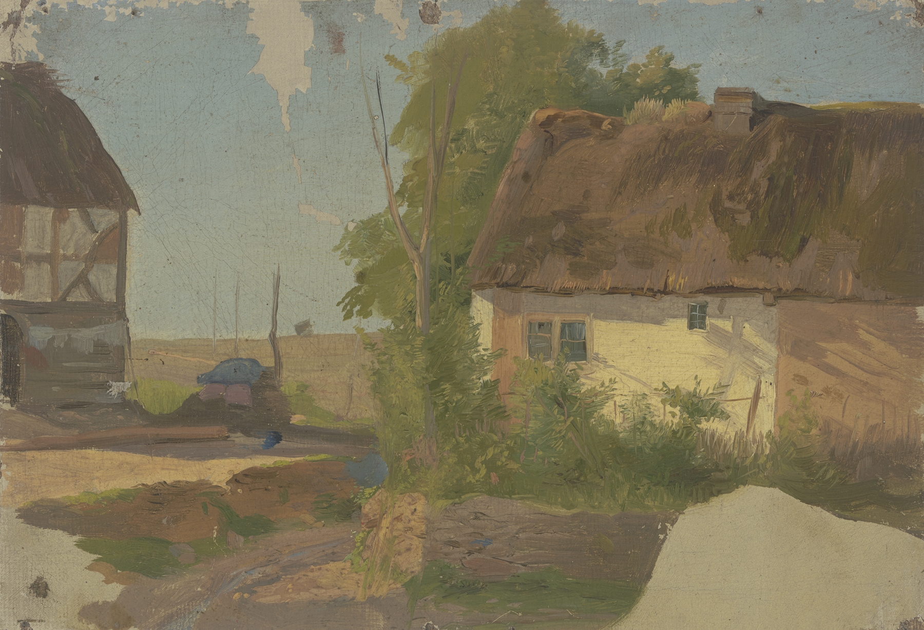 Farm House by Jakob Becker, realism, depicting a rural structure with weathered wooden beams.