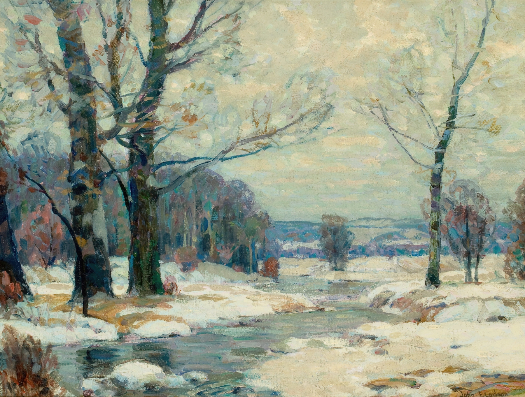 Winter’s Magic by John Fabian Carlson, an impressionist landscape with snow-covered trees.