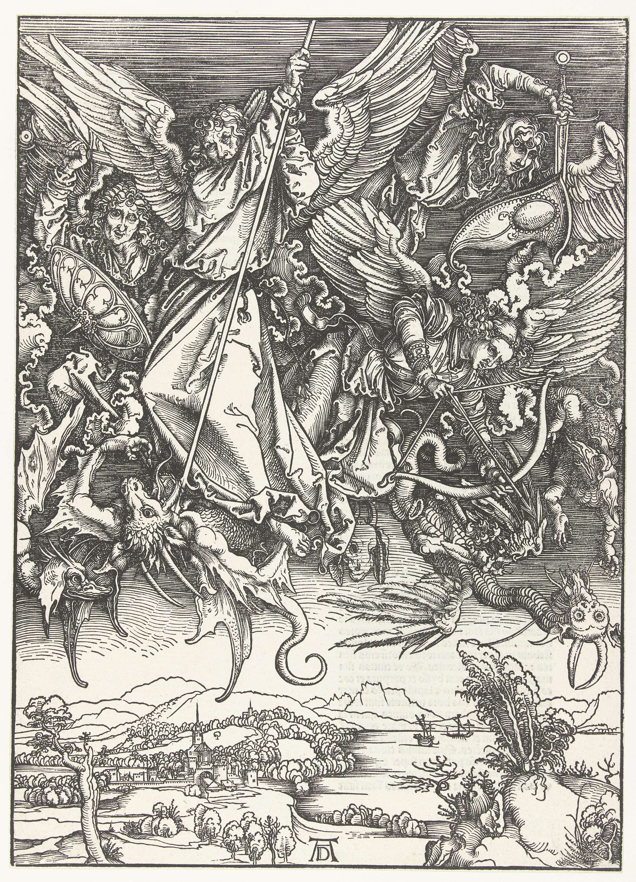 Aartsengel Michaël en zijn engelen bestrijden enkele draken, by Albrecht Dürer, public domain