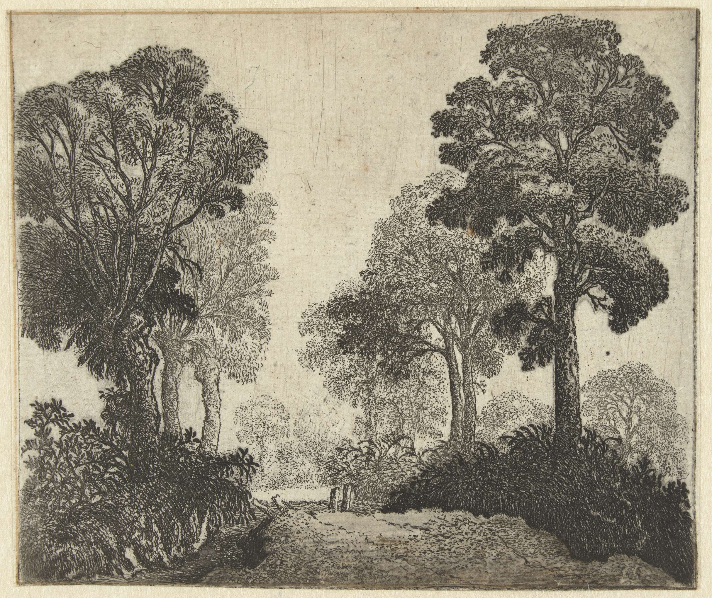 Landschap met bomen langs een pad, etching by Jan van Brosterhuyzen depicting a serene landscape with trees and a path.