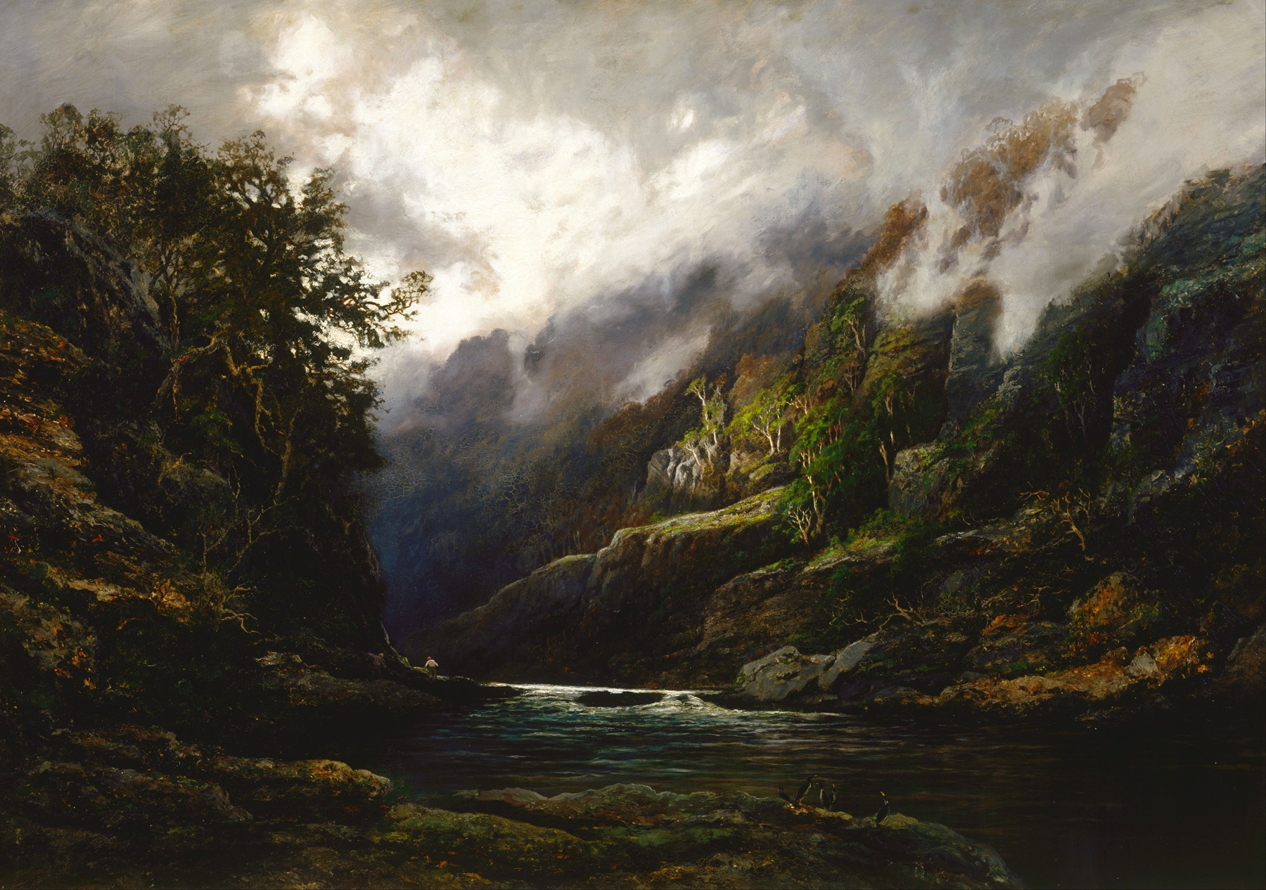 The Upper Nepean by William Charles Piguenit, oil on canvas, depicting a tranquil river and lush forest.