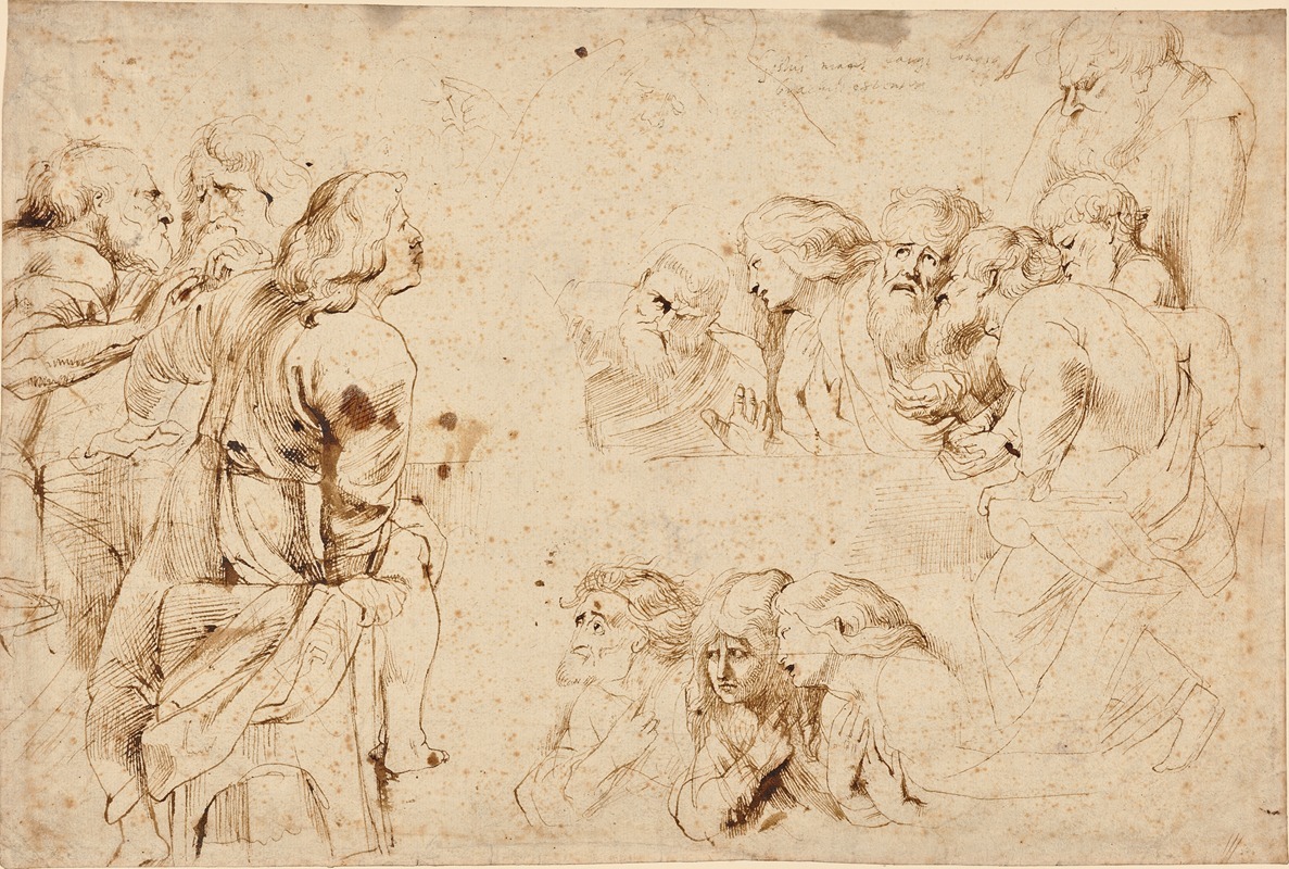 Rubens' 'Three Groups of Apostles in a Last Supper' captures a dynamic moment in a religious setting.