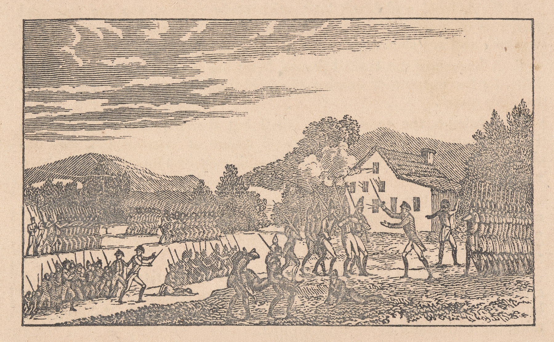 Engraving by Alexander Anderson depicting soldiers in the Battle of Eutaw Springs
