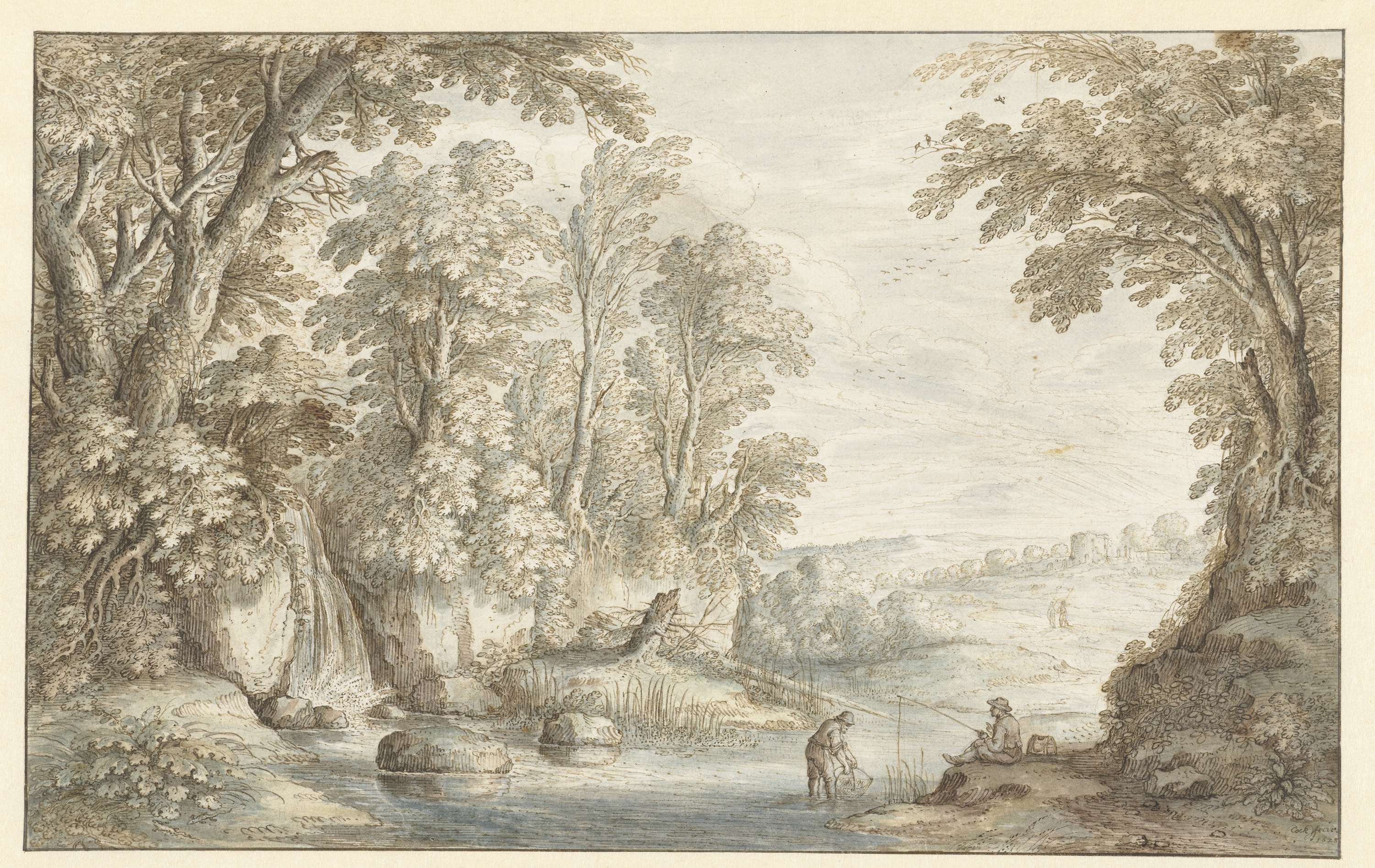 Two anglers in a wooded landscape with a waterfall, oil painting by Marten de Cock