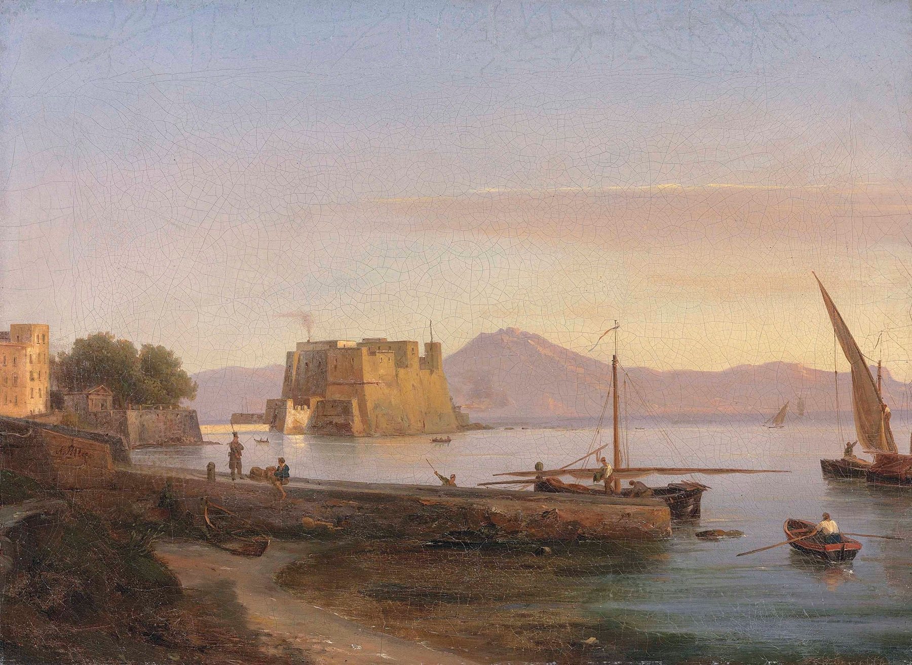 Fishermen at Castel dell’Ovo, Naples, oil on canvas by Antonie Sminck Pitloo
