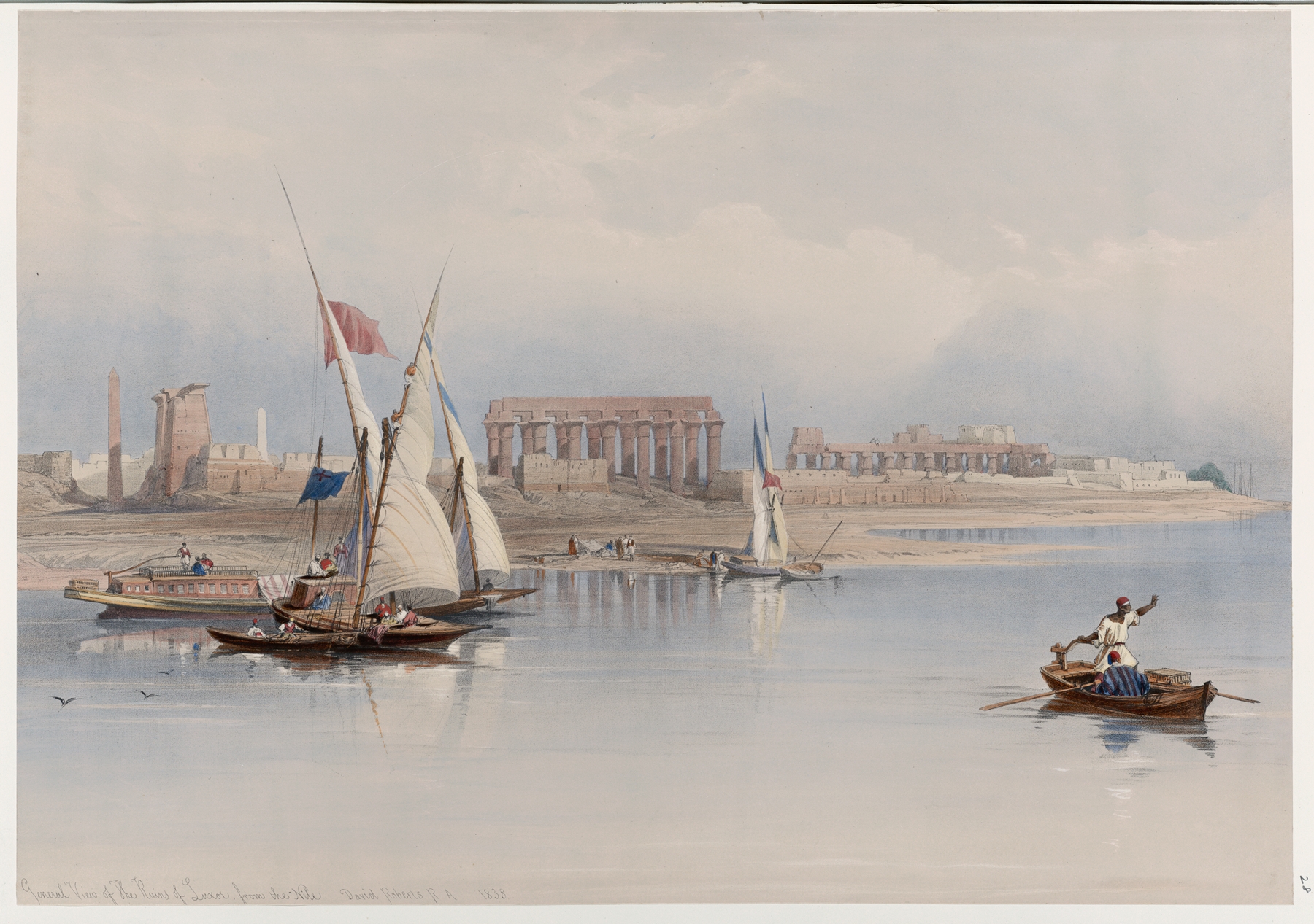 General view of the ruins of Luxor, from the Nile. 1838., by David Roberts, public domain