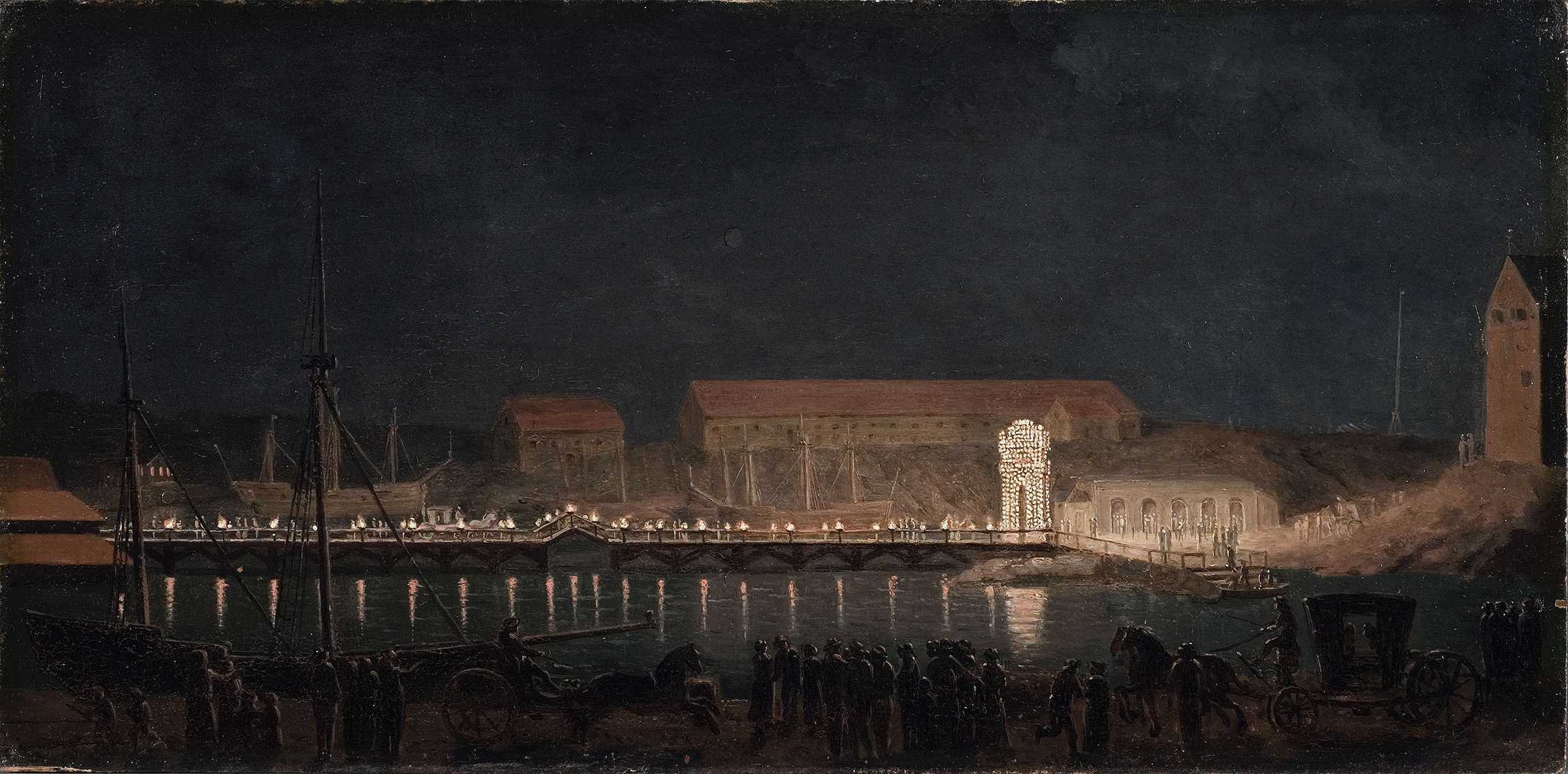 Elumination på Skeps Holmen by Pehr Hilleström, oil painting depicting a river and a dwelling.
