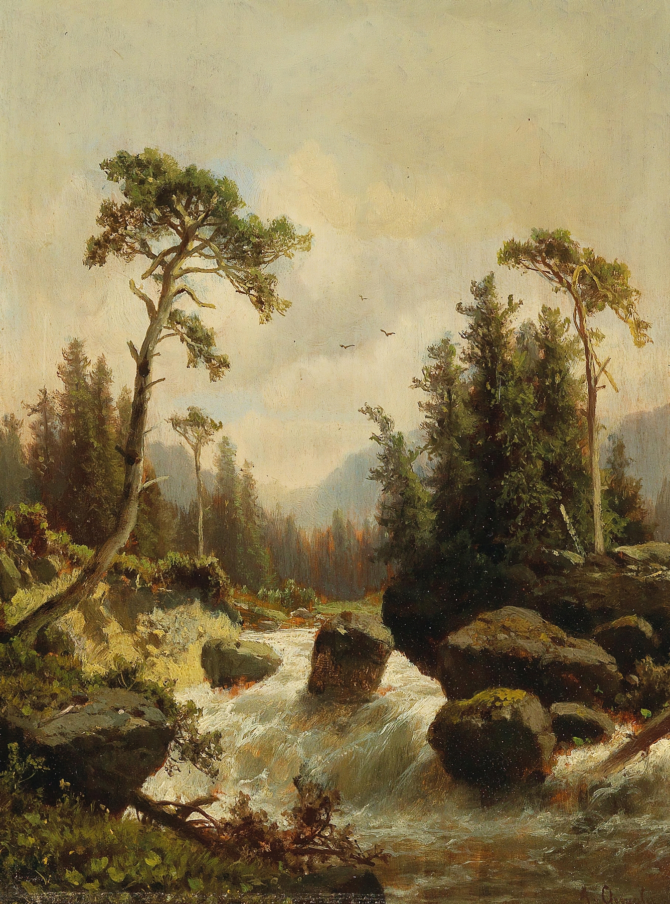 Landscape featuring mountains and flowers, oil painting by Adolf Chwala