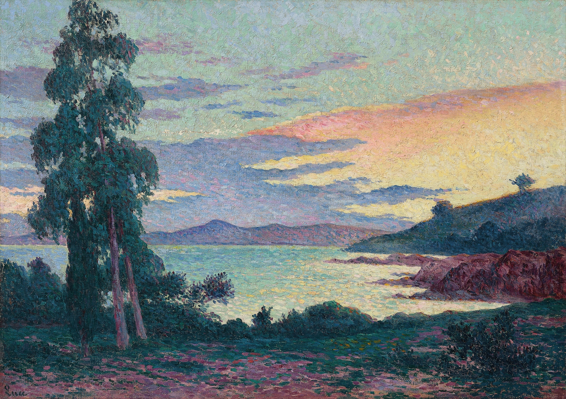 Seaside landscape with waves and golden light by Maximilien Luce, oil painting