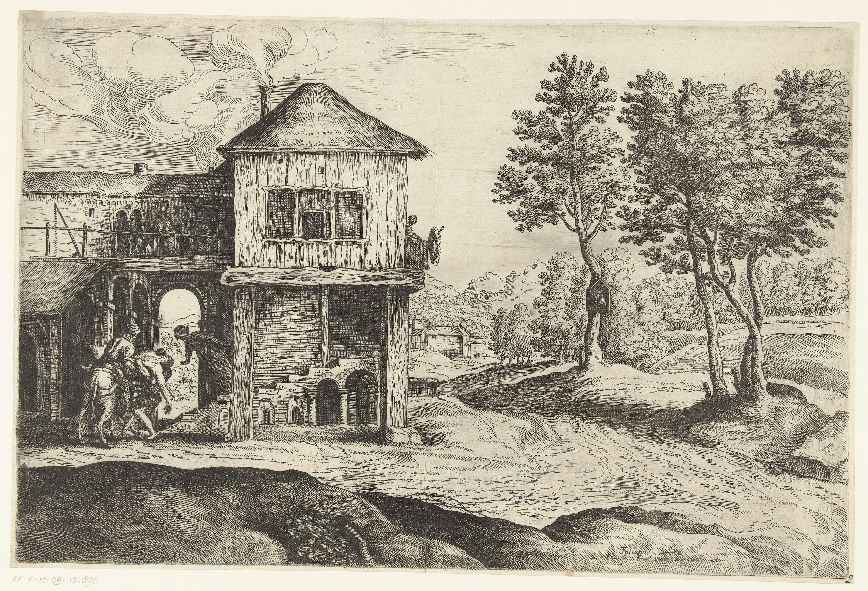 Etching by Lucas van Uden depicting the Samaritan aiding a wounded figure.