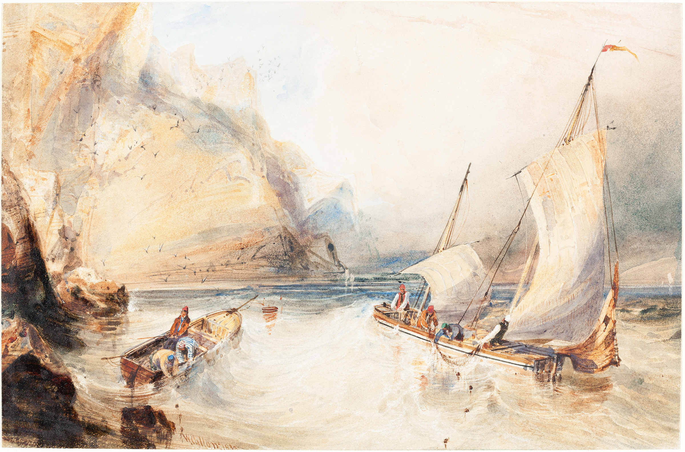 Fishing Boats off a Rocky Coast, by William Callow, public domain