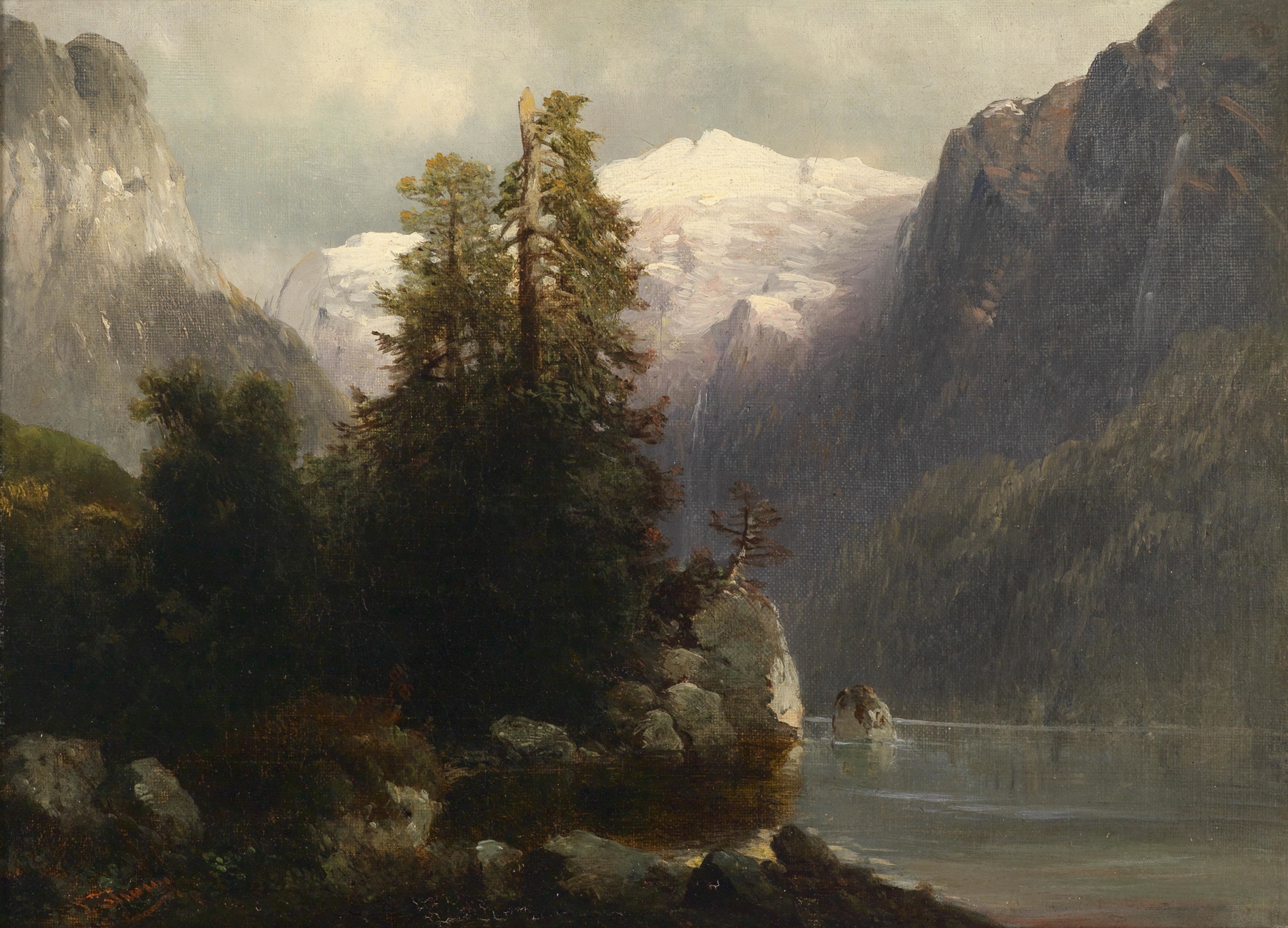 Gosausee oil painting by Josef Thoma depicting a tranquil lake and mountains