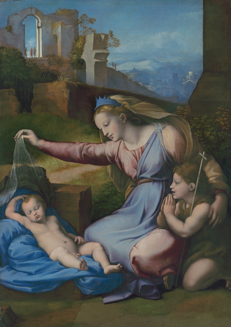 Raphael's 'Madonna with the Blue Diadem' showcases the Virgin Mary adorned with a striking blue diadem.