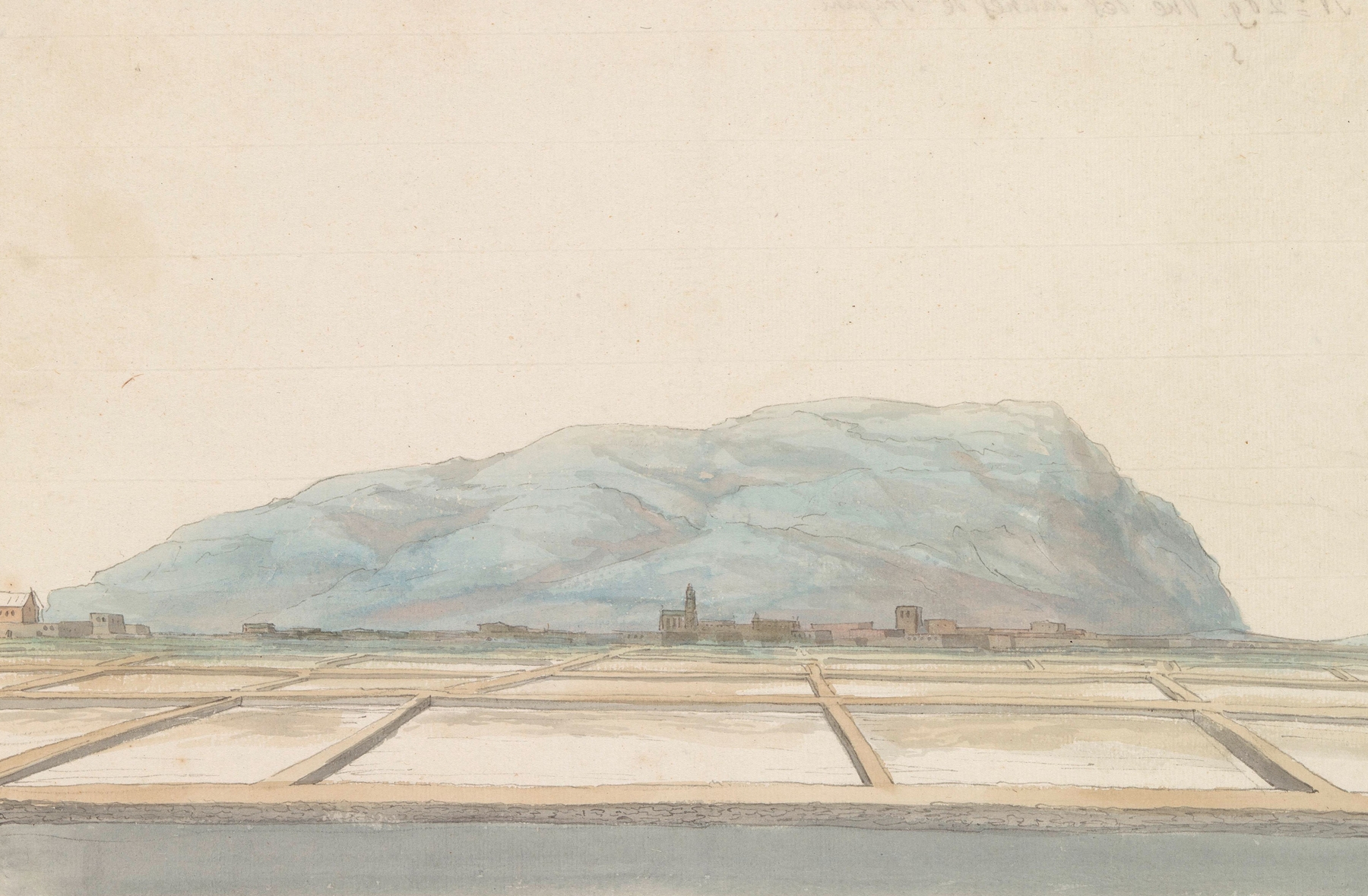 Watercolour by Abraham-Louis-Rodolphe Ducros depicting salt pans in Trapani