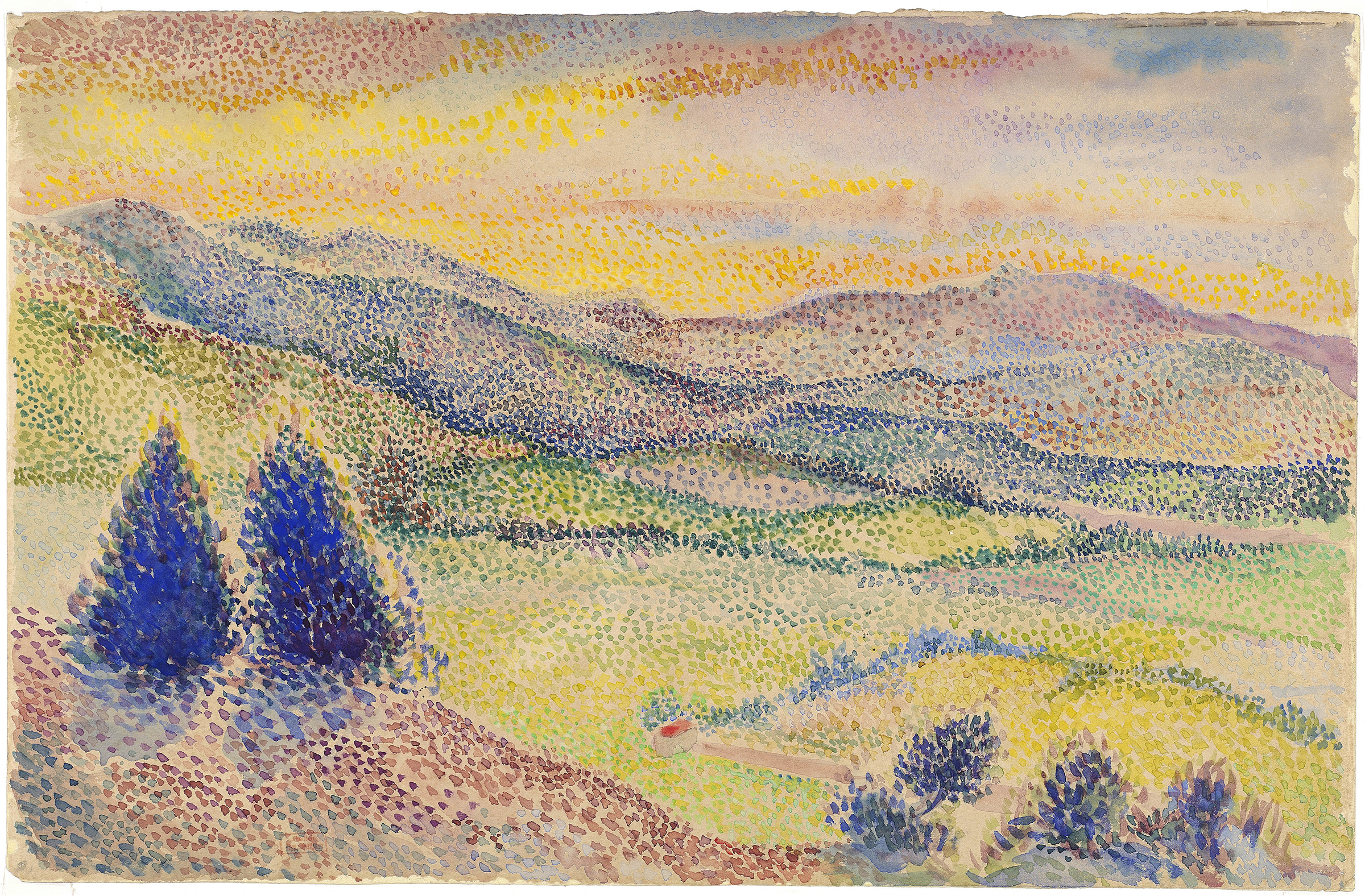 A Broad Valley at Sunset by Hippolyte Petitjean, oil painting depicting a sunset over a valley with warm hues
