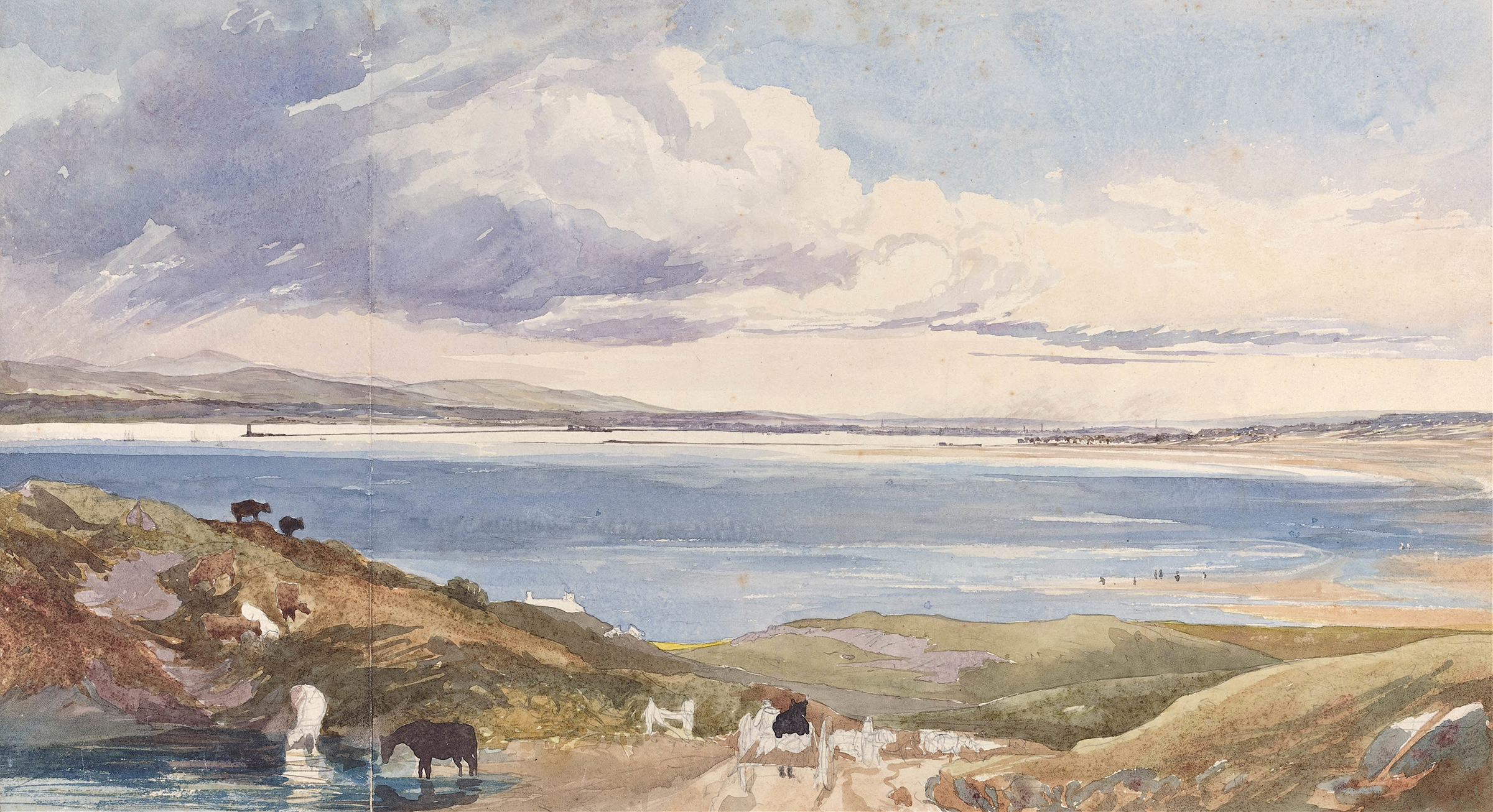 Landscape by Rev. James Bulwer, oil on canvas depicting a shoreline with a road and lighthouse.