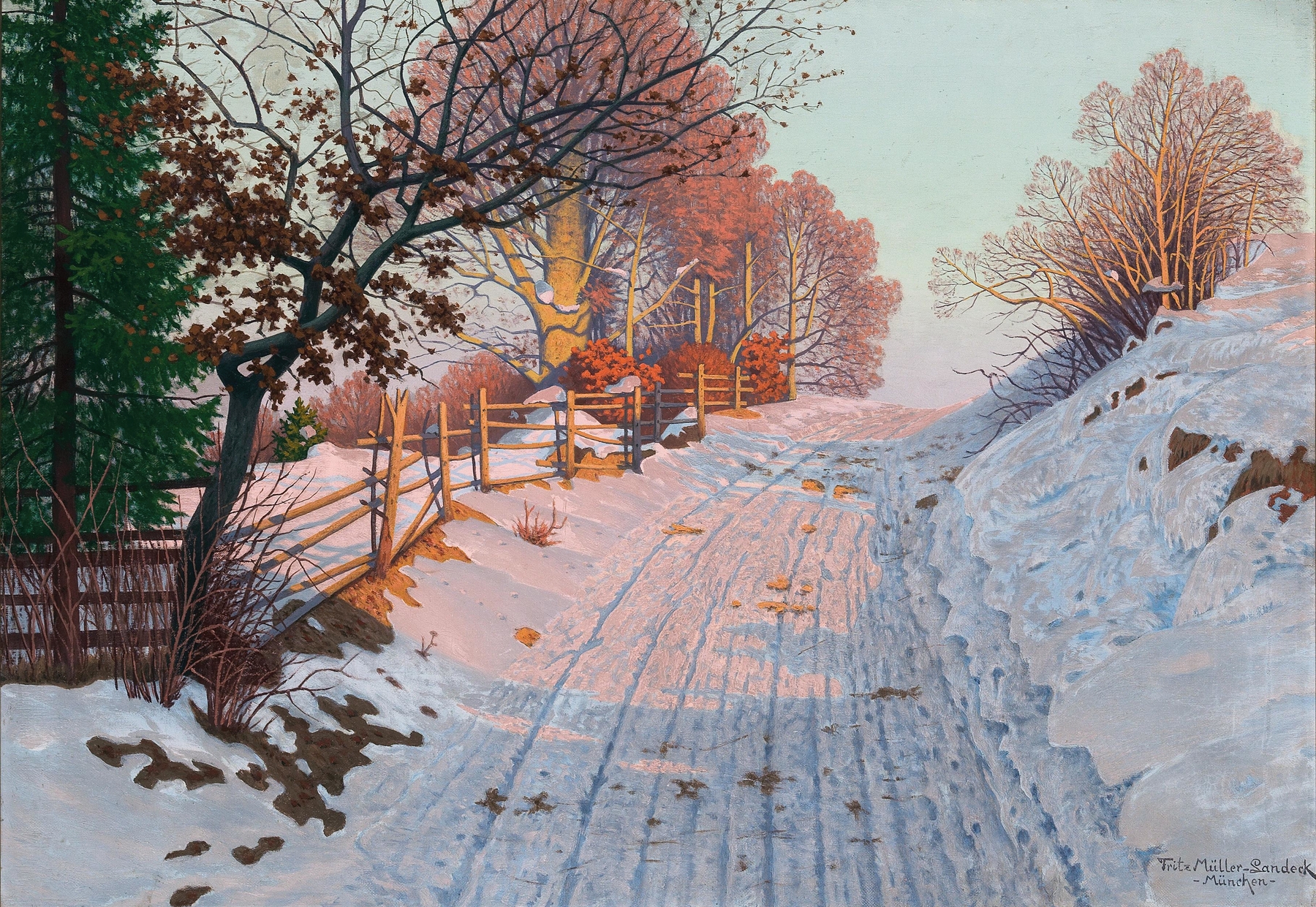 A Sunny Day in Winter by Fritz Müller-Landeck, oil on canvas depicting a snowy landscape illuminated by sunlight.