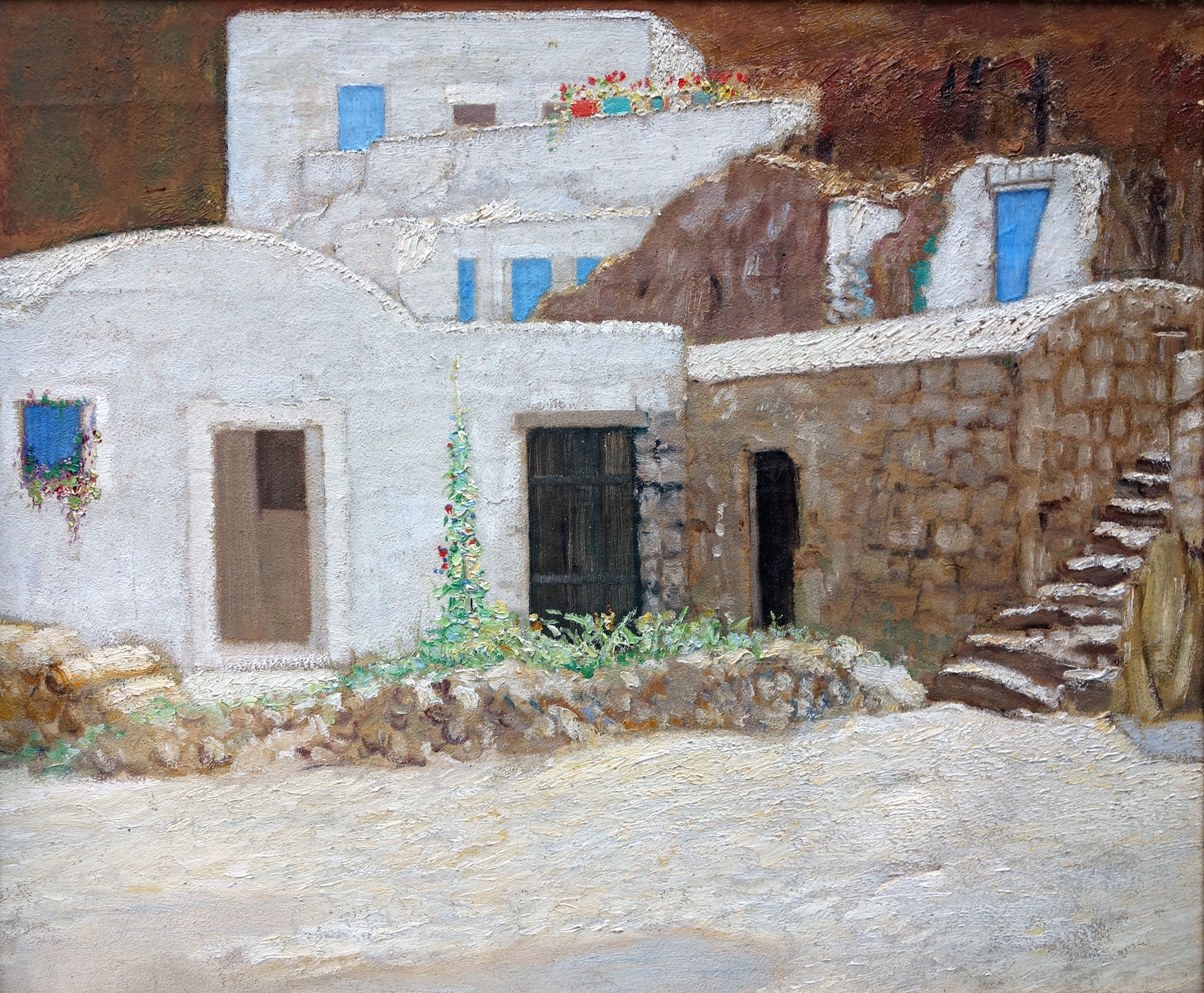 Die blauen Türen auf Ponza by Hermann Urban, oil on canvas, features azure doors and sunlit walls.