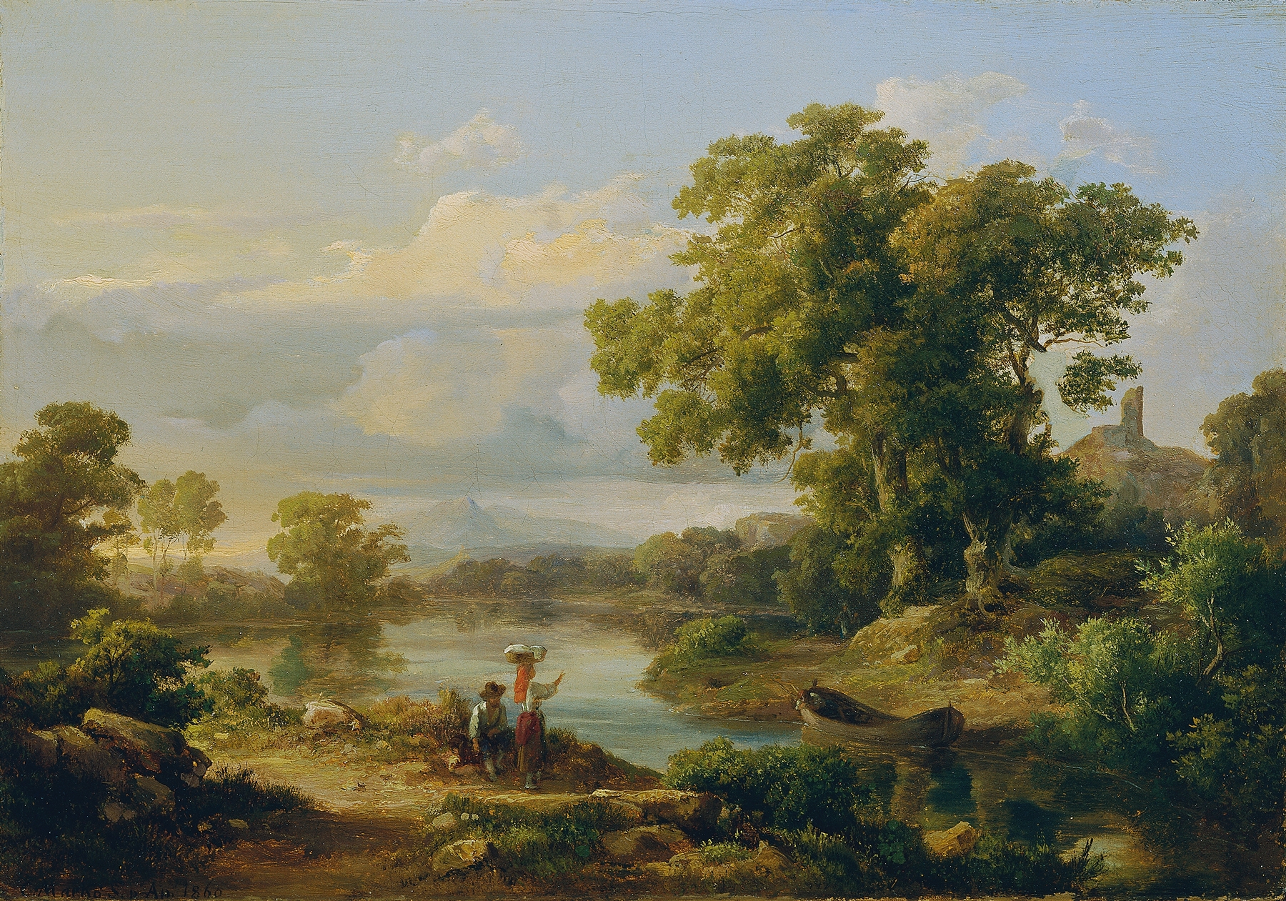 Oil painting by Károly Markó depicting a tranquil riverside in spring.