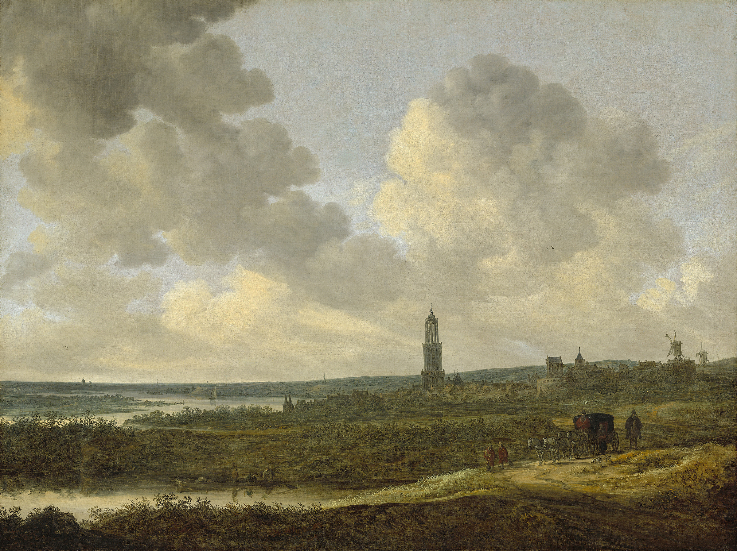 Landscape oil painting by Jan van Goyen featuring a river and clouds.