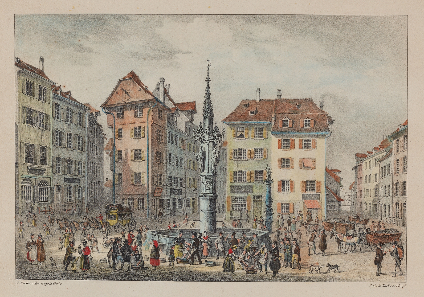 Genre scene of a fish market with sunlight on cobblestones, oil painting by Constantin Guise