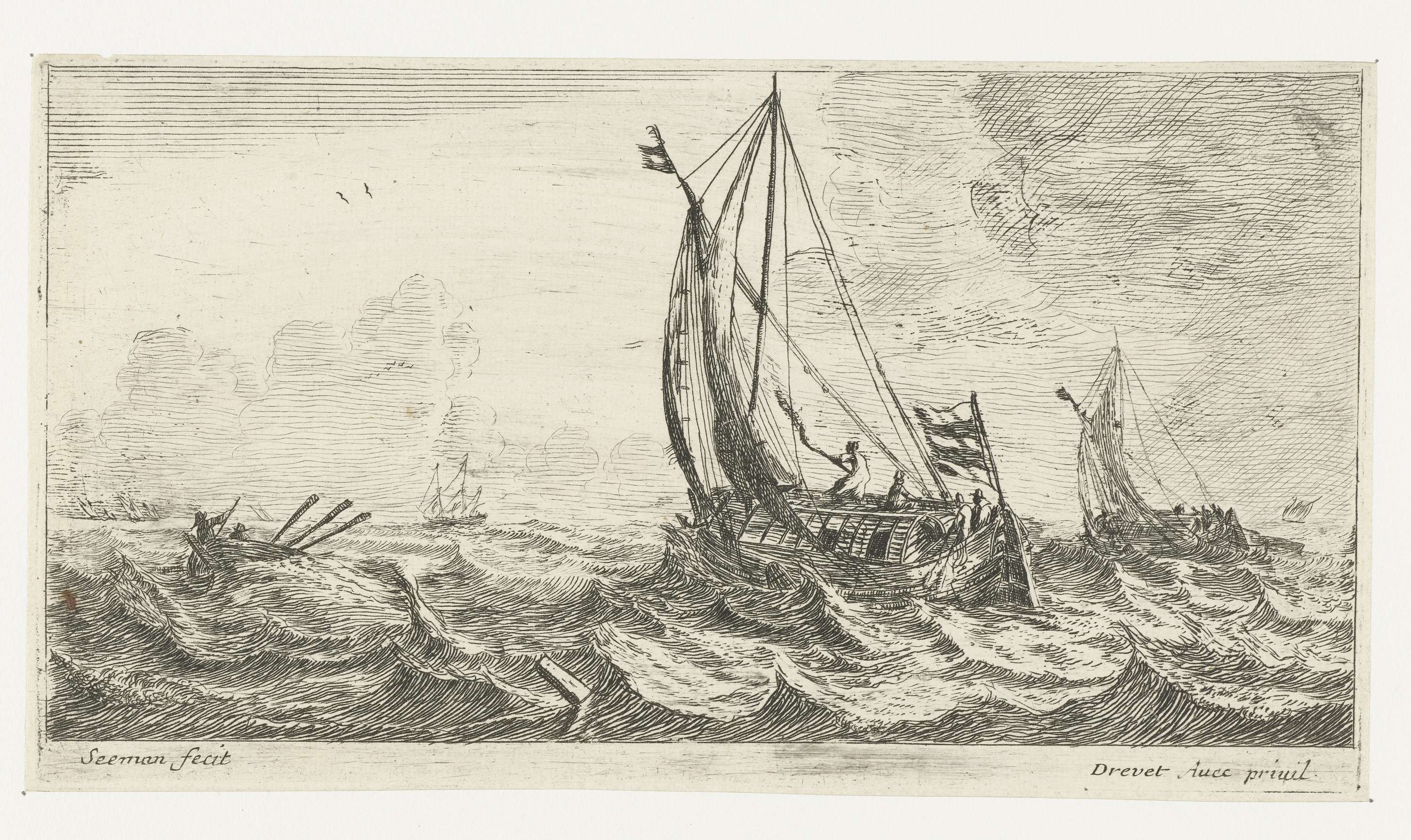 Veerschip op ruwe zee, by Unknown Artist, public domain
