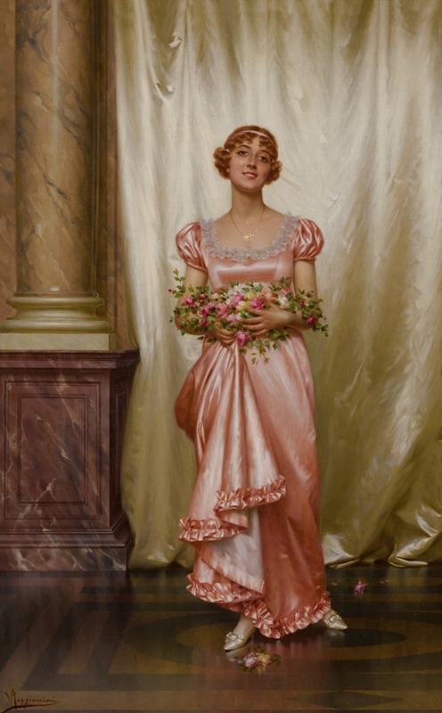 A detailed still life painting of roses by Vittorio Reggianini.