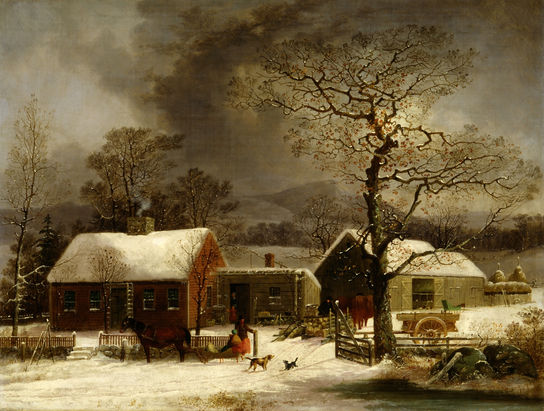 Winter landscape with snow-covered trees and village by George Henry Durrie, oil painting