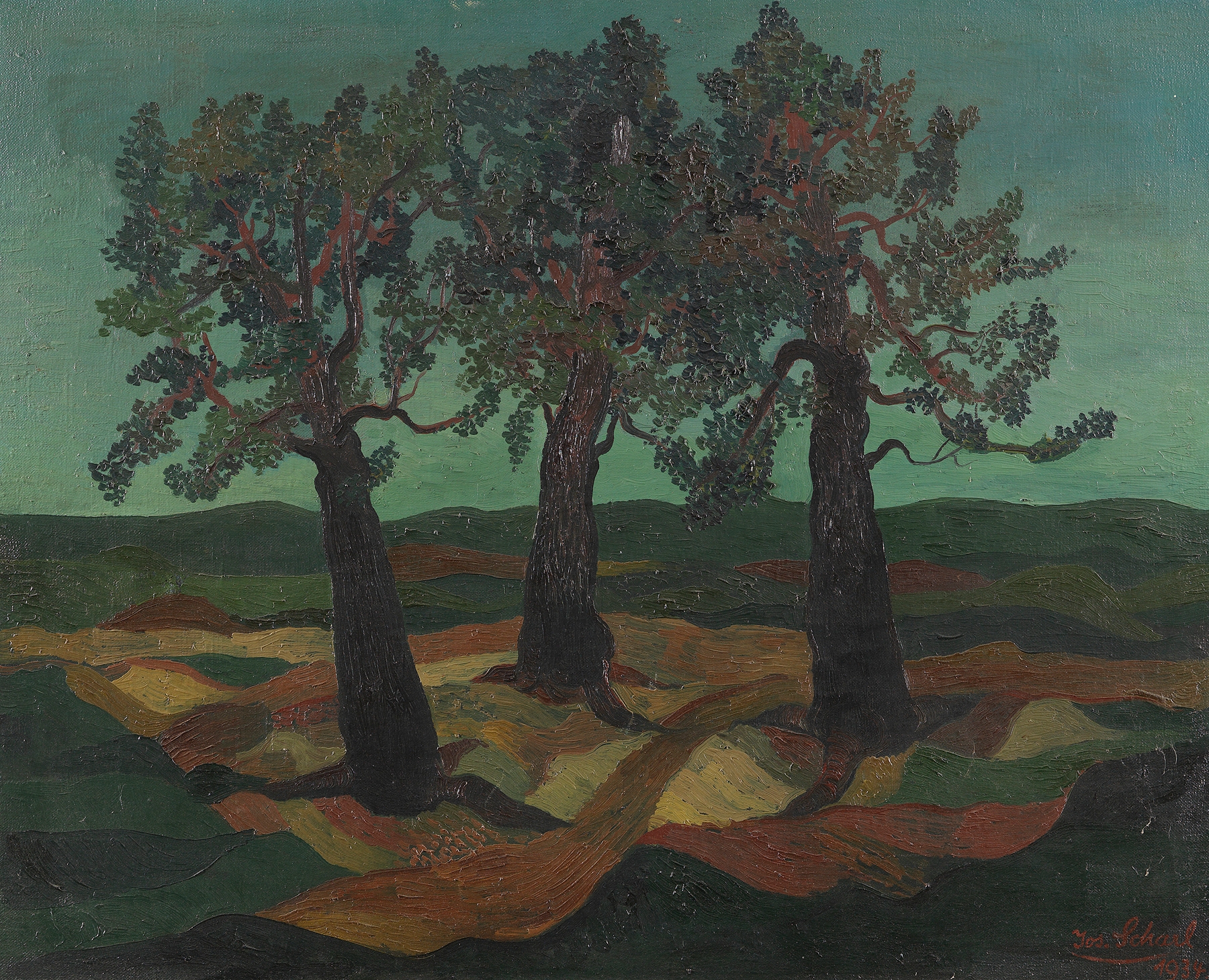 Baumgruppe by Josef Scharl, oil on canvas depicting chaotic trees and light.