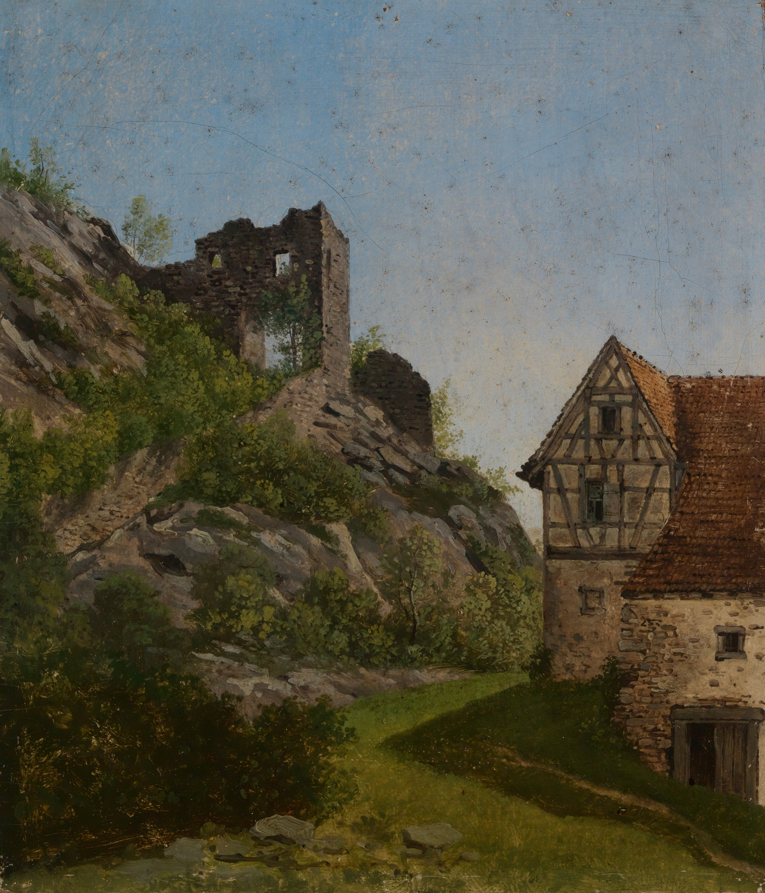 Ruine mit Haus by Georg Wilhelm Issel, oil painting of a weathered structure.