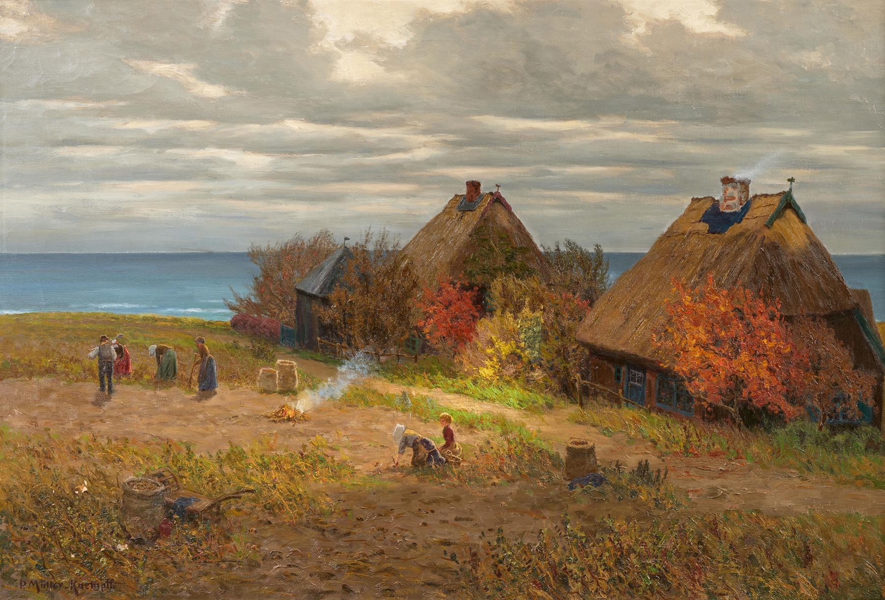Genre scene of women harvesting potatoes in sunlight, oil painting by Paul Müller-Kaempff