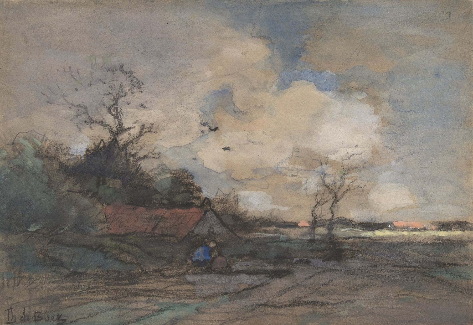 Landscape with a Cottage by Théophile de Bock, oil painting depicting a rural scene with a cottage and hills.