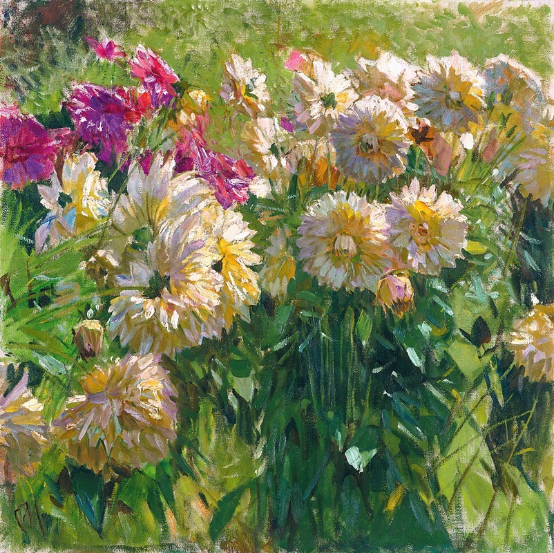 A vibrant still life painting featuring dahlias by Carl Moll.