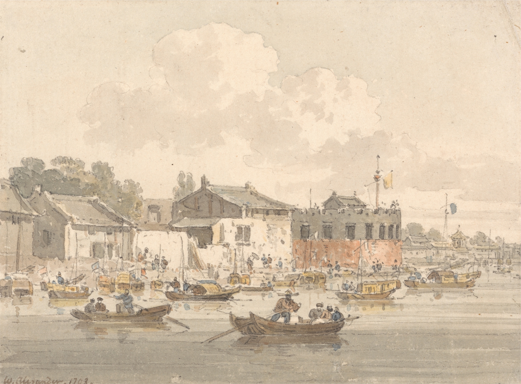 Fort Opposite the Factory, Canton by William Alexander, watercolor on paper, depicting a landscape with a fort and clouds.
