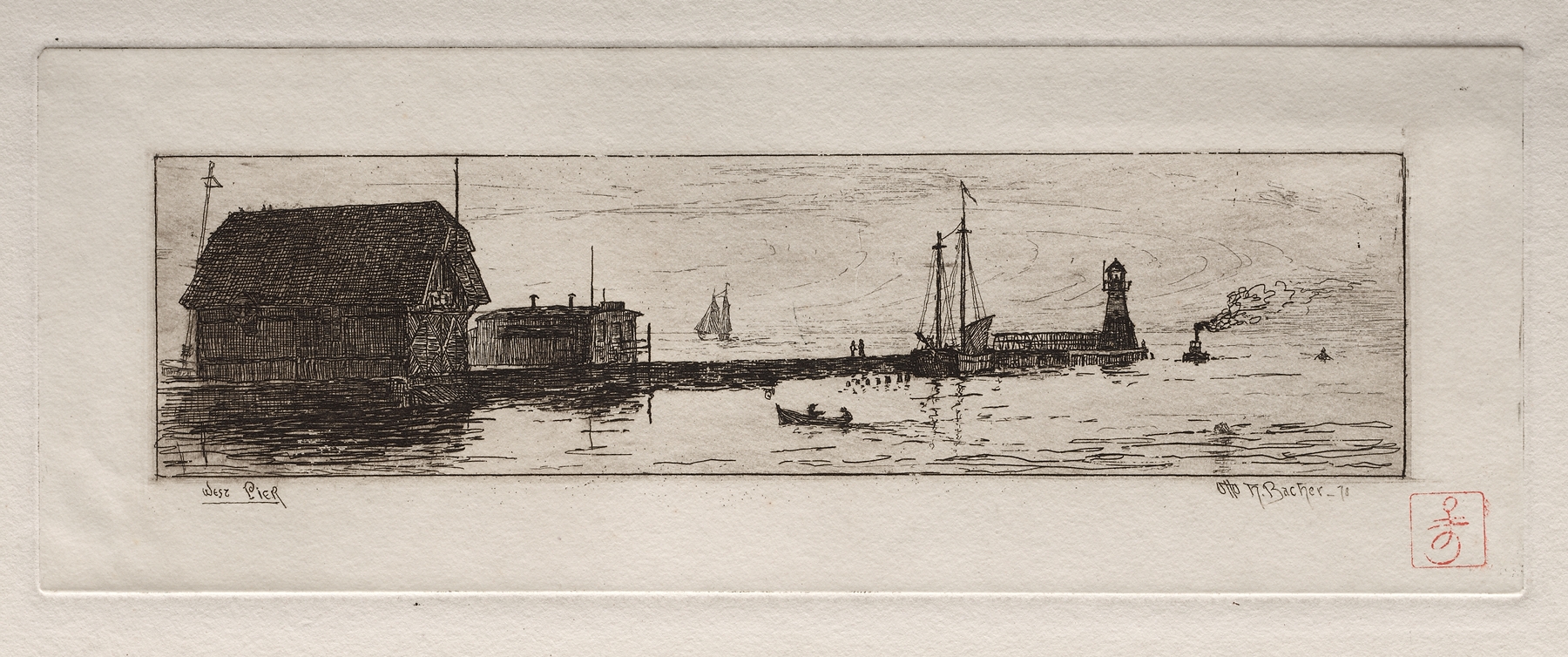 West Pier, Cleveland by Otto Henry Bacher, oil on canvas depicting a figure on a pier at twilight.