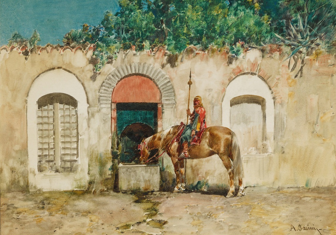 A man on horseback at a fountain, showcasing the beauty of Orientalist art.