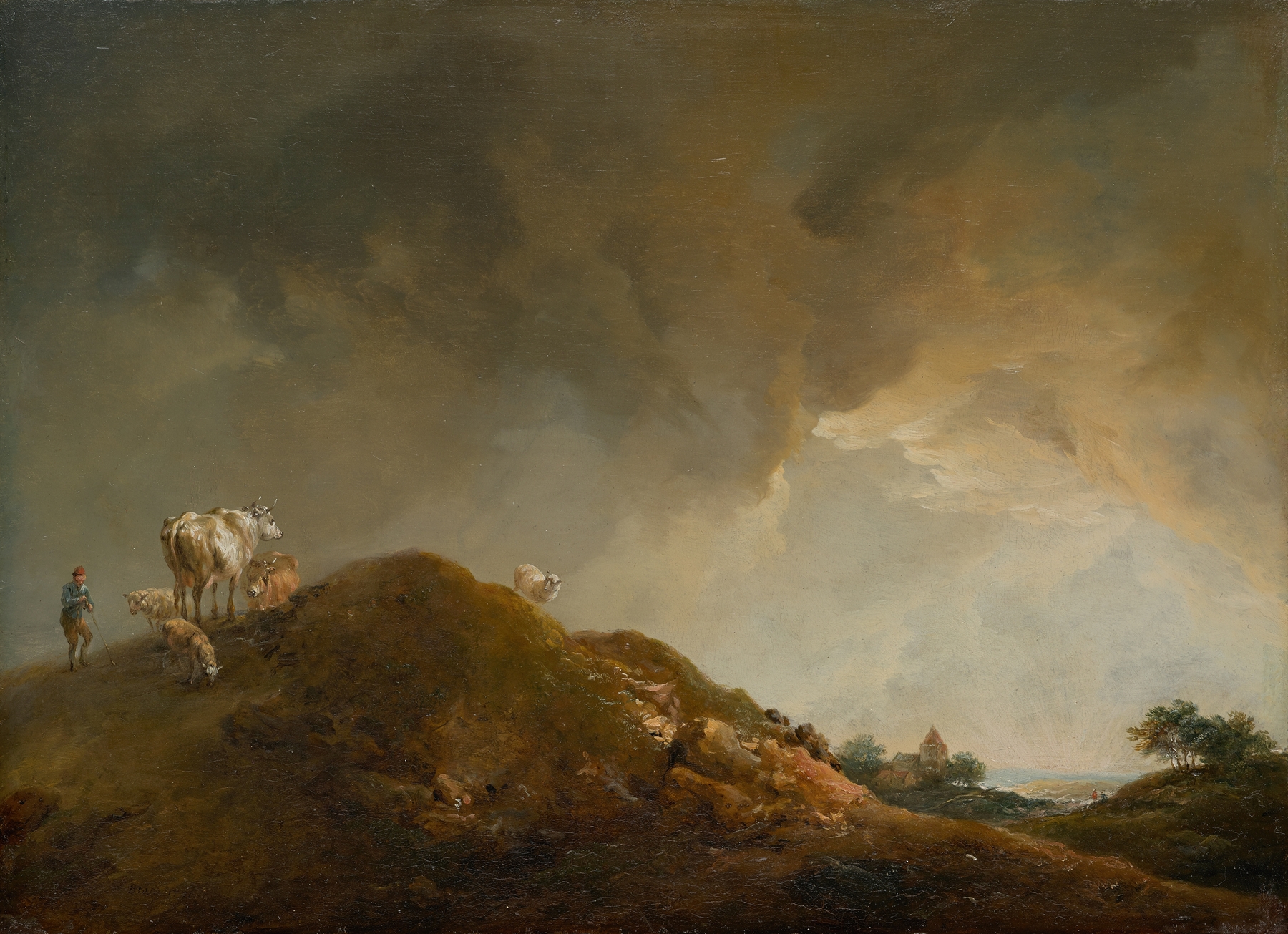 Hügellandschaft mit Kühen und Schafen, by Johann Christian Brand, public domain