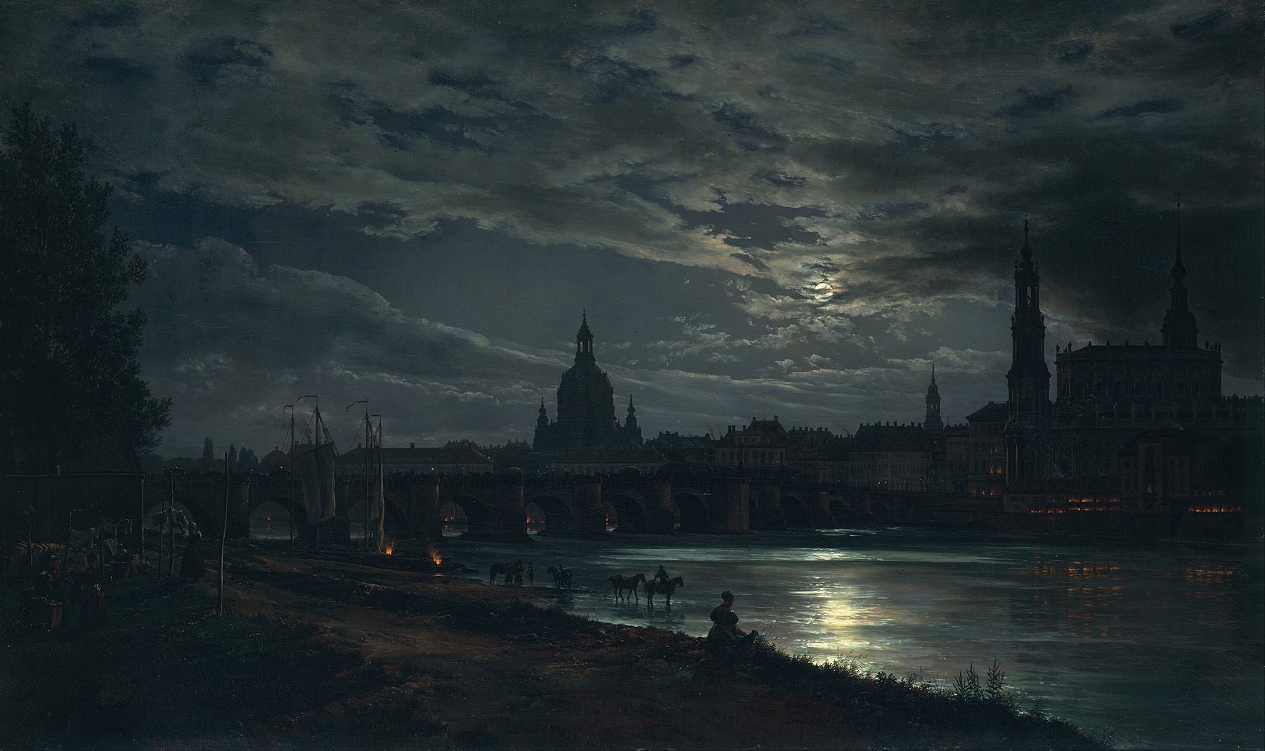 Landscape of Dresden at night, oil painting by Johan Christian Dahl