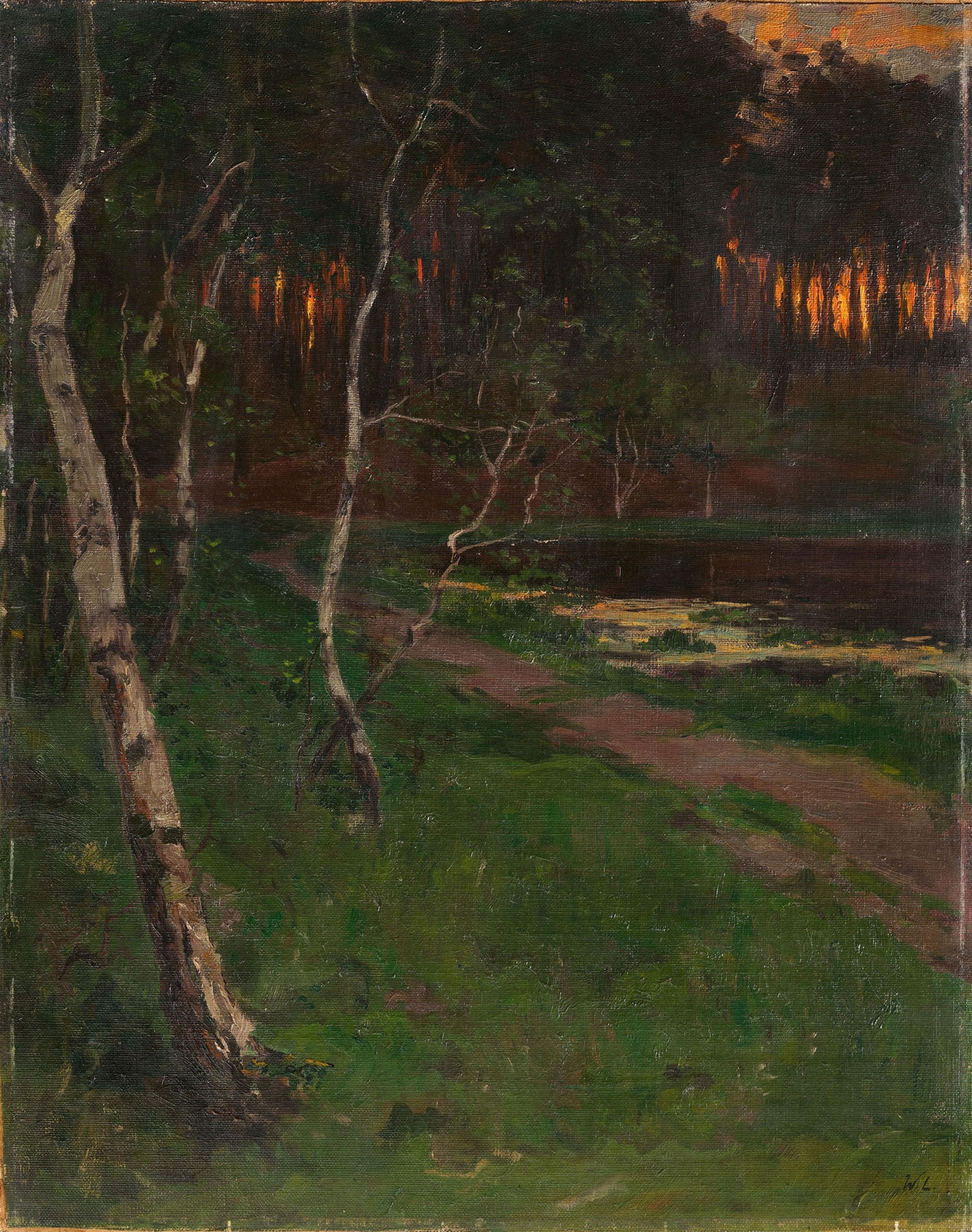 Birken am Seeufer bei untergehender Sonne, oil on canvas by Walter Leistikow