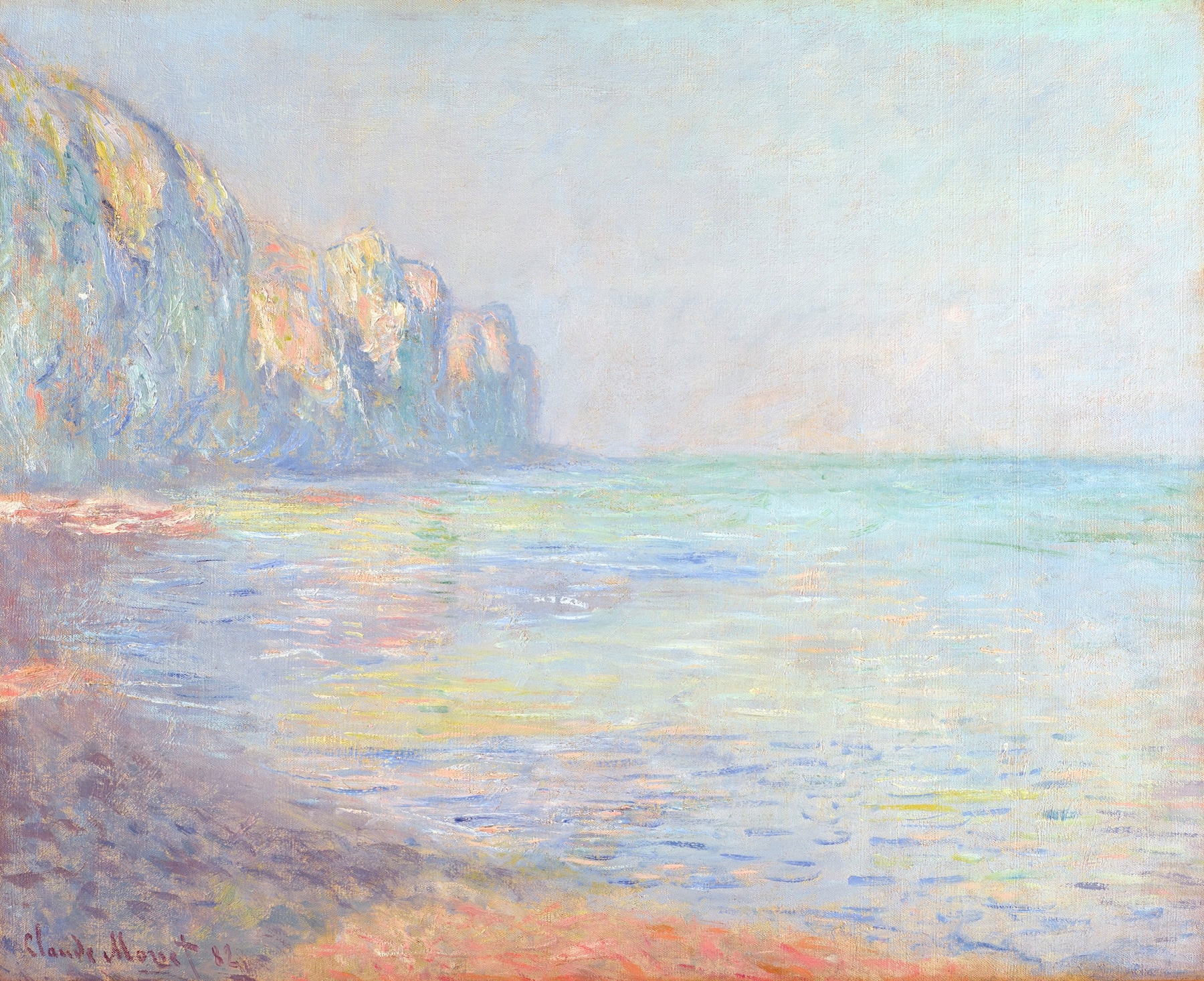 Misty Morning at Pourville by Claude Monet, oil painting depicting a hazy landscape.