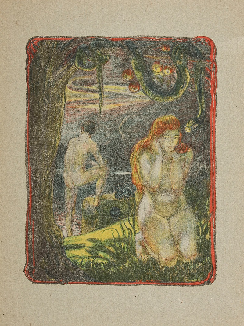 A painting depicting Adam and Eve in a lush garden setting.