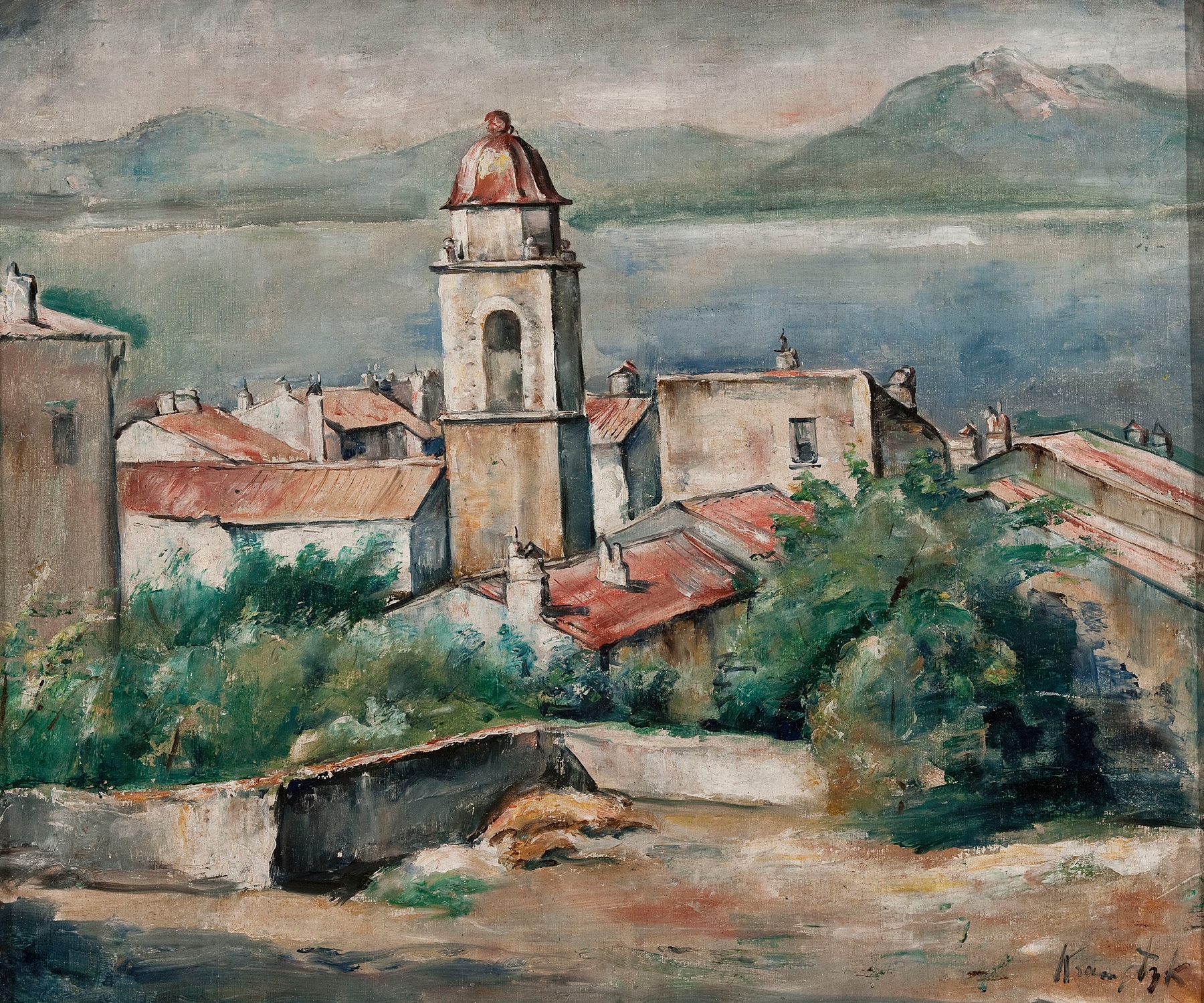 Landscape from southern France by Roman Kramsztyk, oil on canvas depicting rolling hills and a blue sky.
