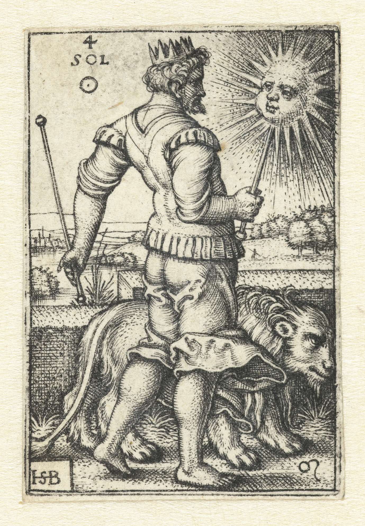 Apollo (Sol) met sterrenbeeld Leeuw, by Hans Sebald Beham, public domain