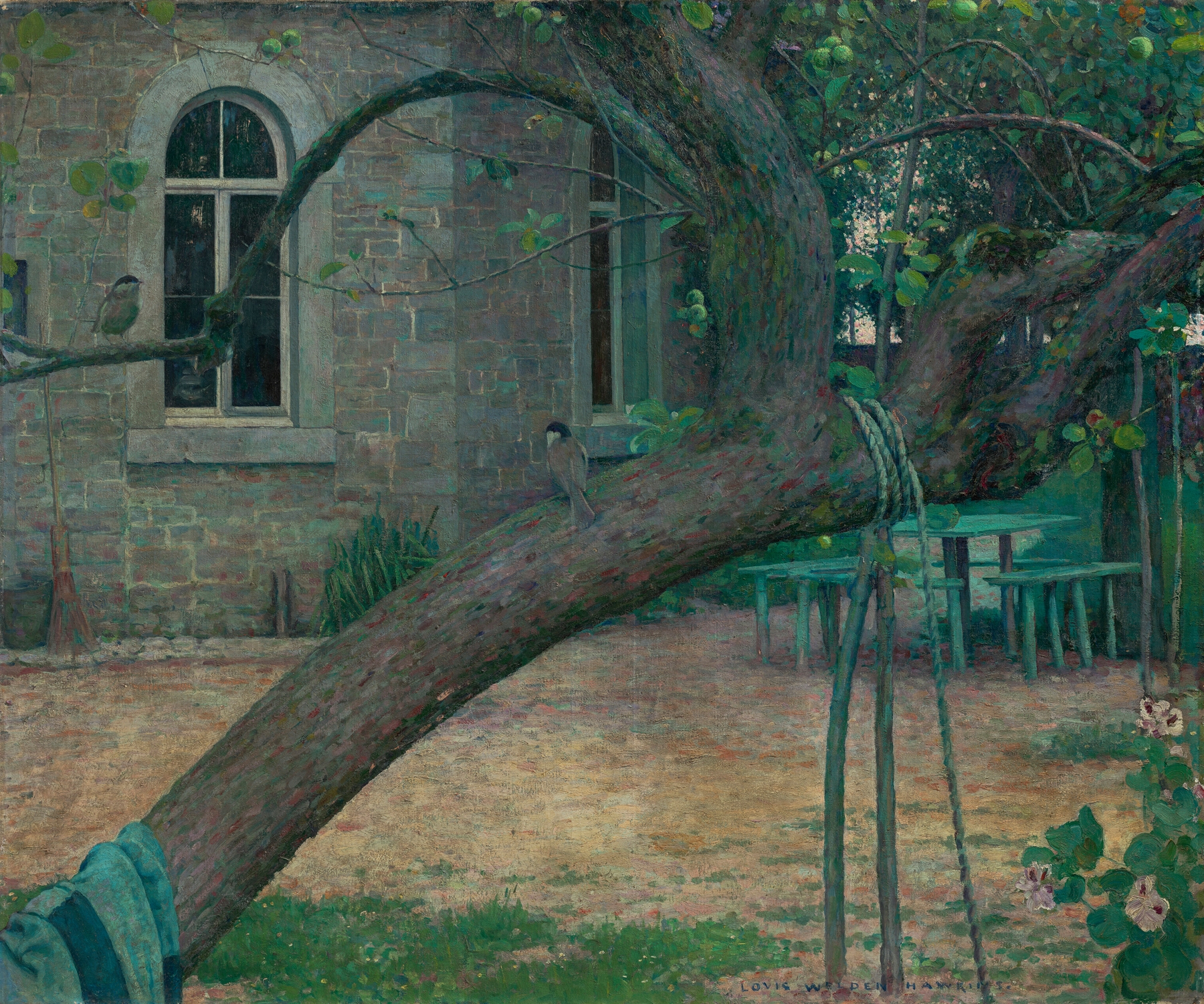 Lush garden scene with dappled sunlight, oil on canvas by Louis Welden Hawkins